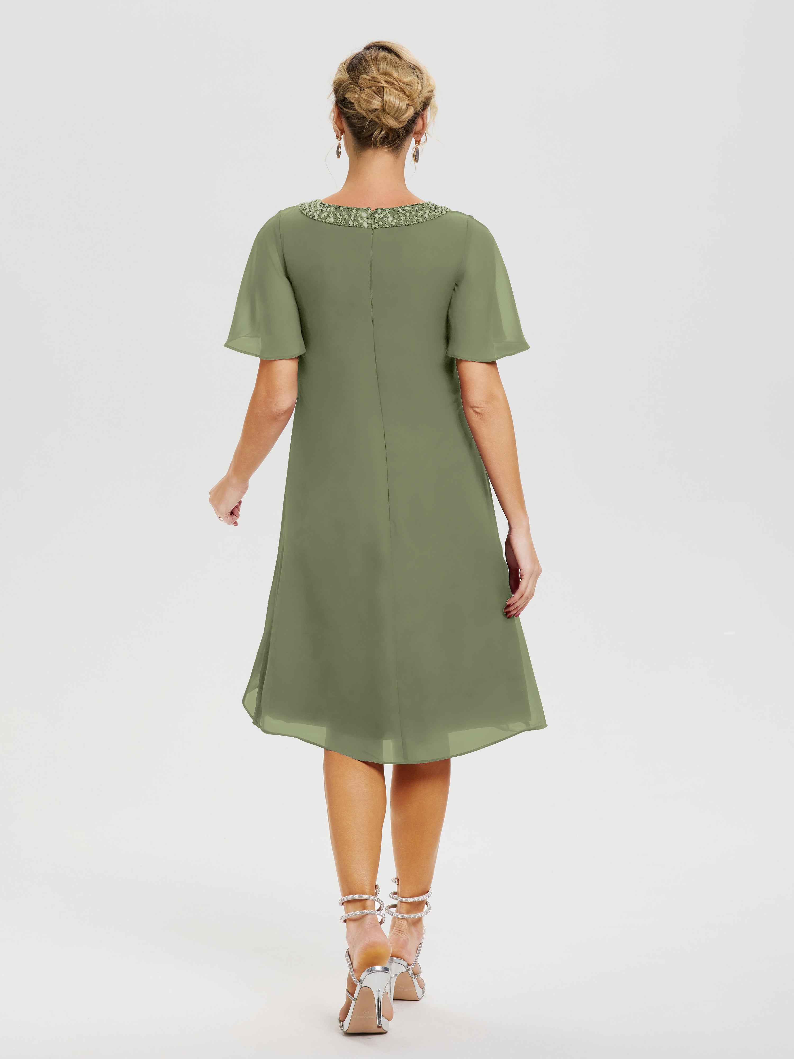 Robe Cérémonie Mère Du Marié Vert Olive Col Rond Mancherons Mousseline Robe Mariage Mère Du Marié