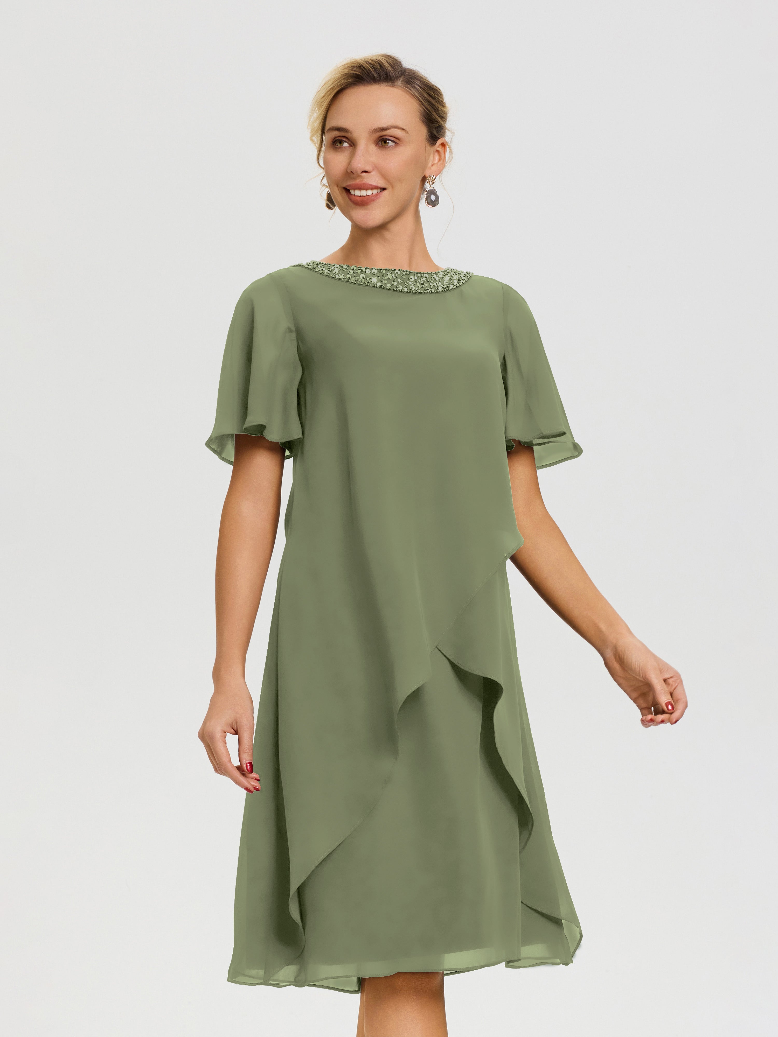 Robe Cérémonie Mère Du Marié Vert Olive Col Rond Mancherons Mousseline Robe Mariage Mère Du Marié