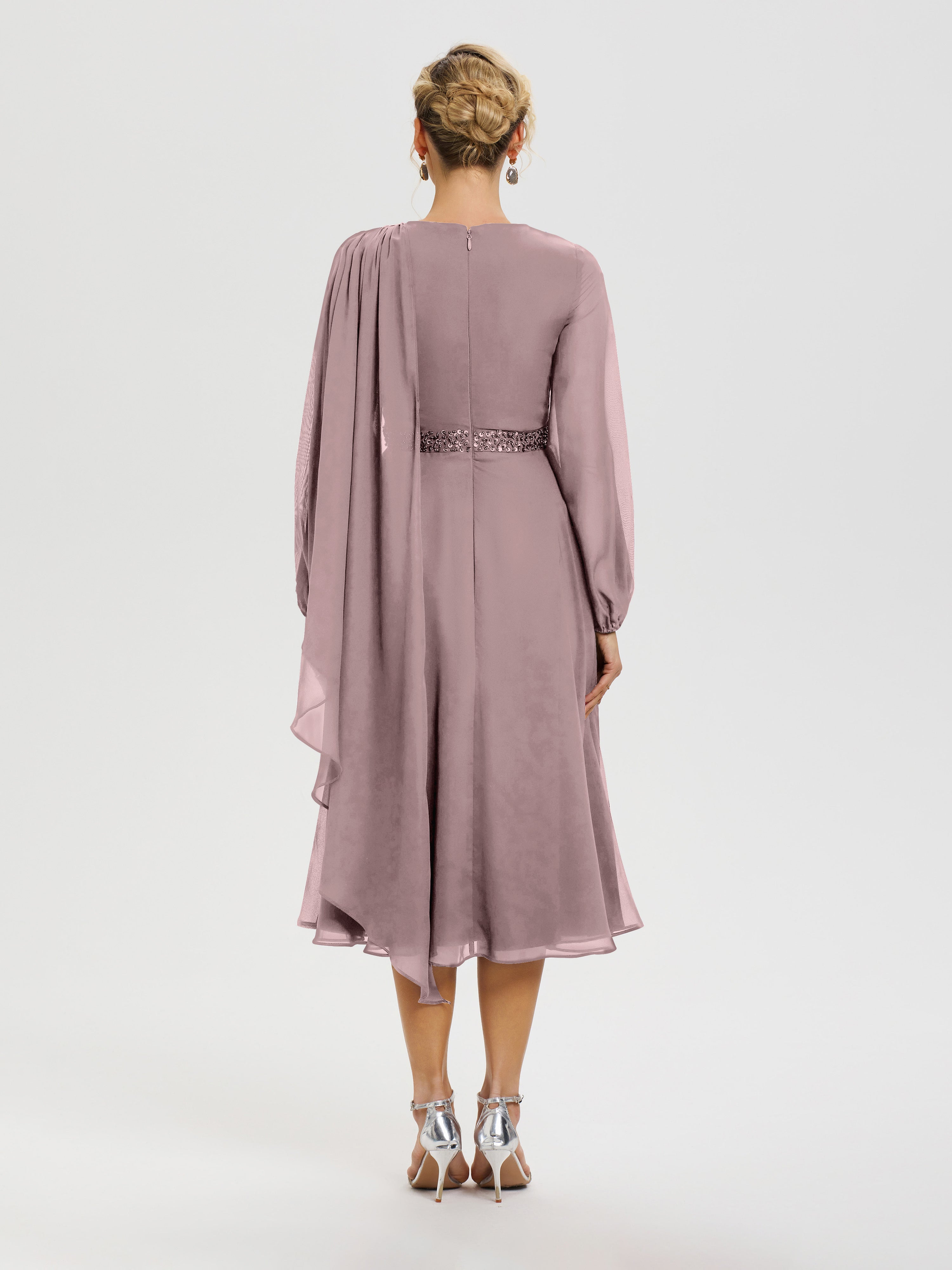 Robe De Mère De Mariée Moderne Vintage Mauve Col Rond Manches Longues Mousseline Robe De Mère Du Marié