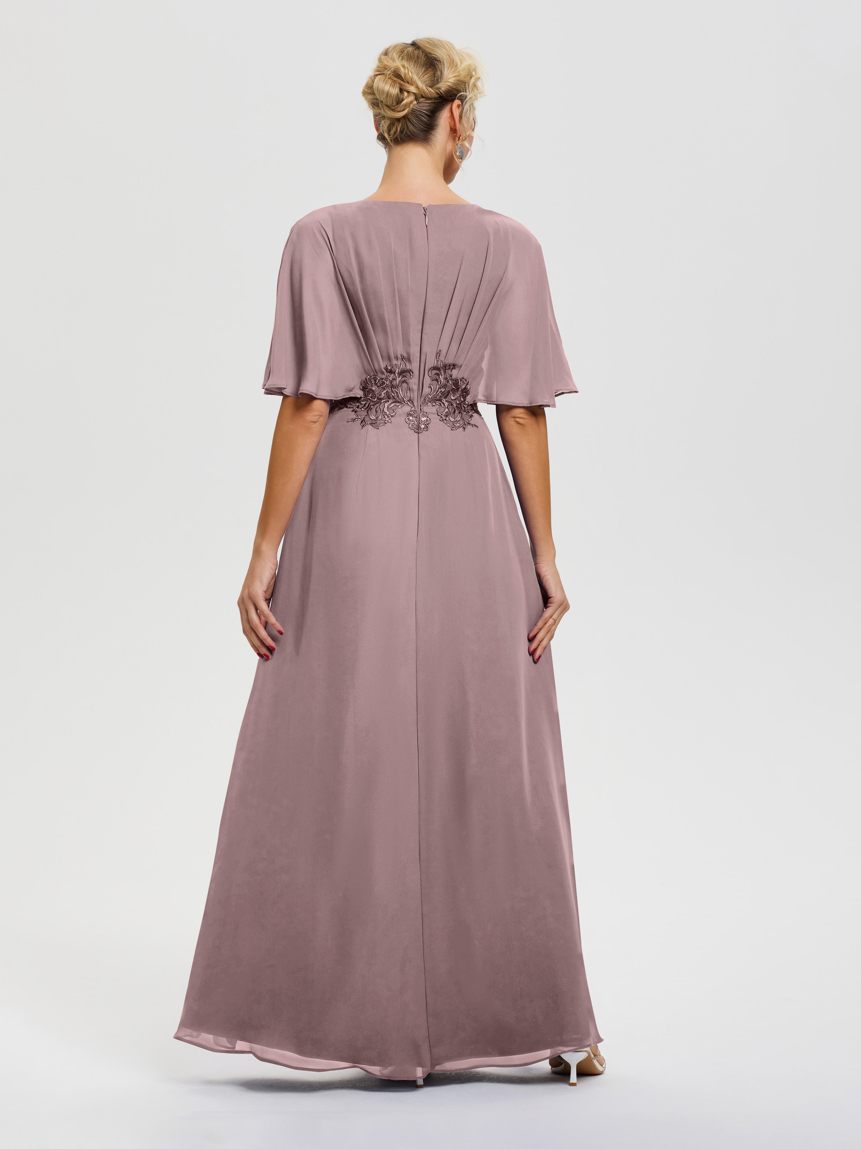 Robe Cérémonie Mère Du Marié Vintage Mauve Mousseline & Dentelle Col V Robe Mère De La Mariée