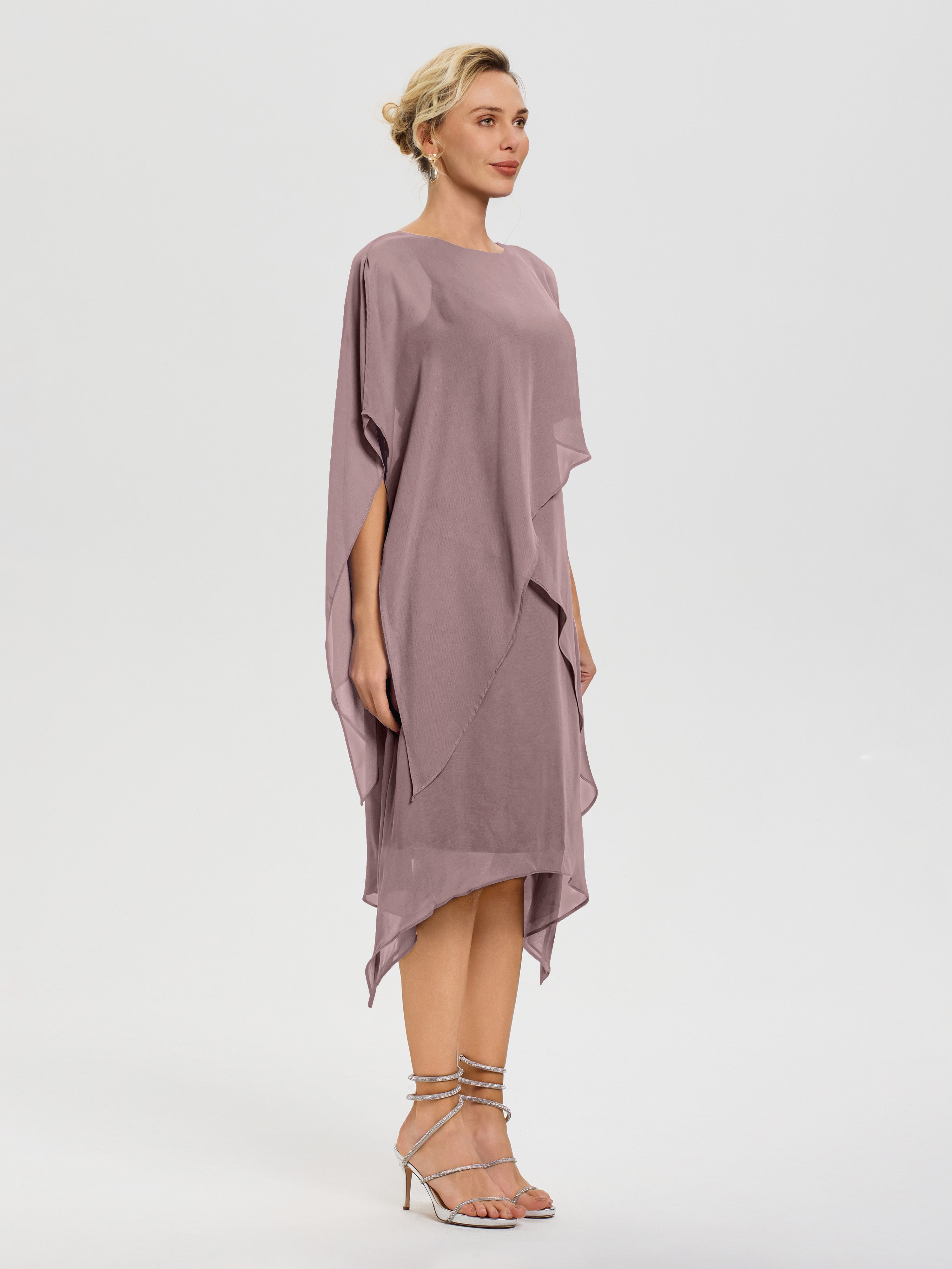 Robe Mère Mariee Vintage Mauve Col Rond Mousseline Asymétrique Robe Mère Du Marié