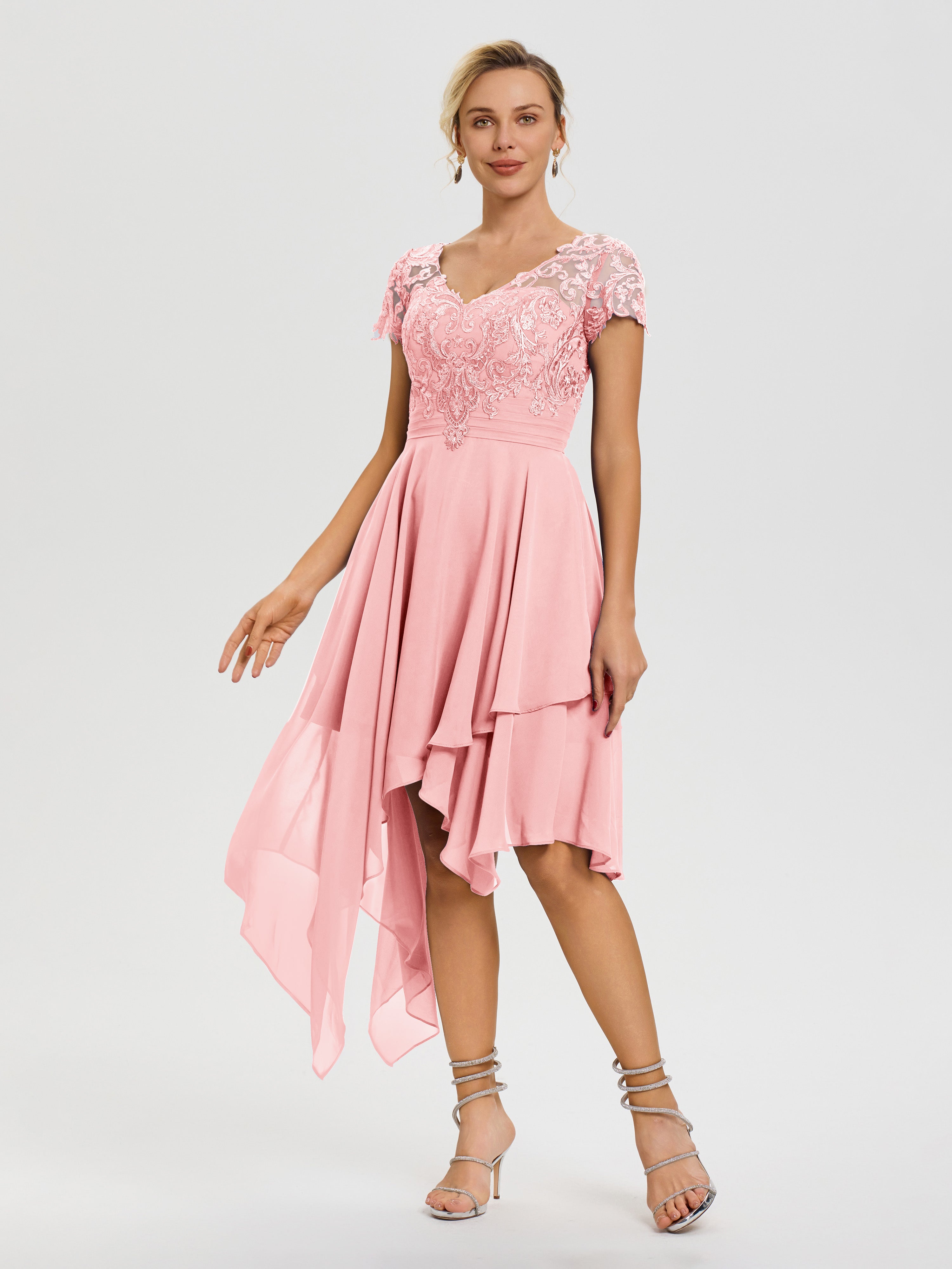 Robe Mere De La Mariee Rose Col V Mousseline&Dentelle Asymétrique Robe Mère De La Mariée