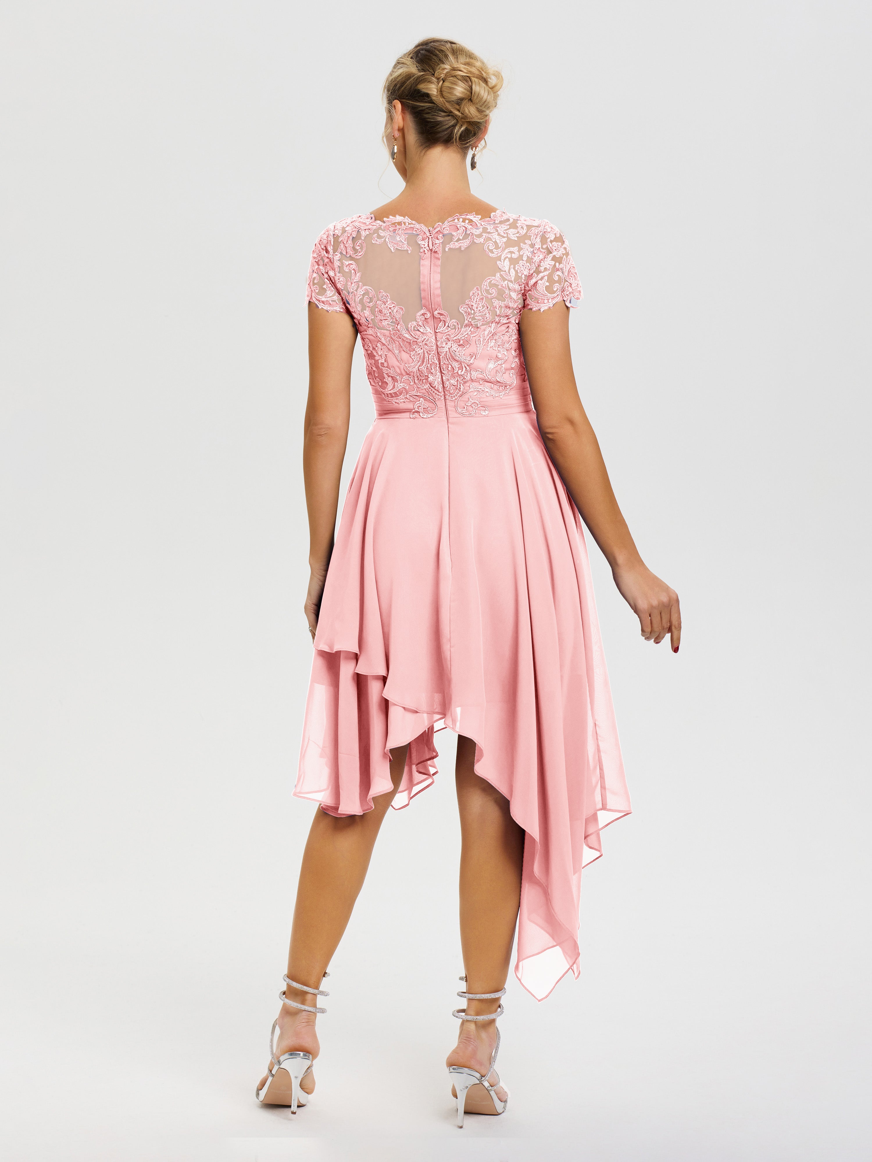 Robe Mere De La Mariee Rose Col V Mousseline&Dentelle Asymétrique Robe Mère De La Mariée