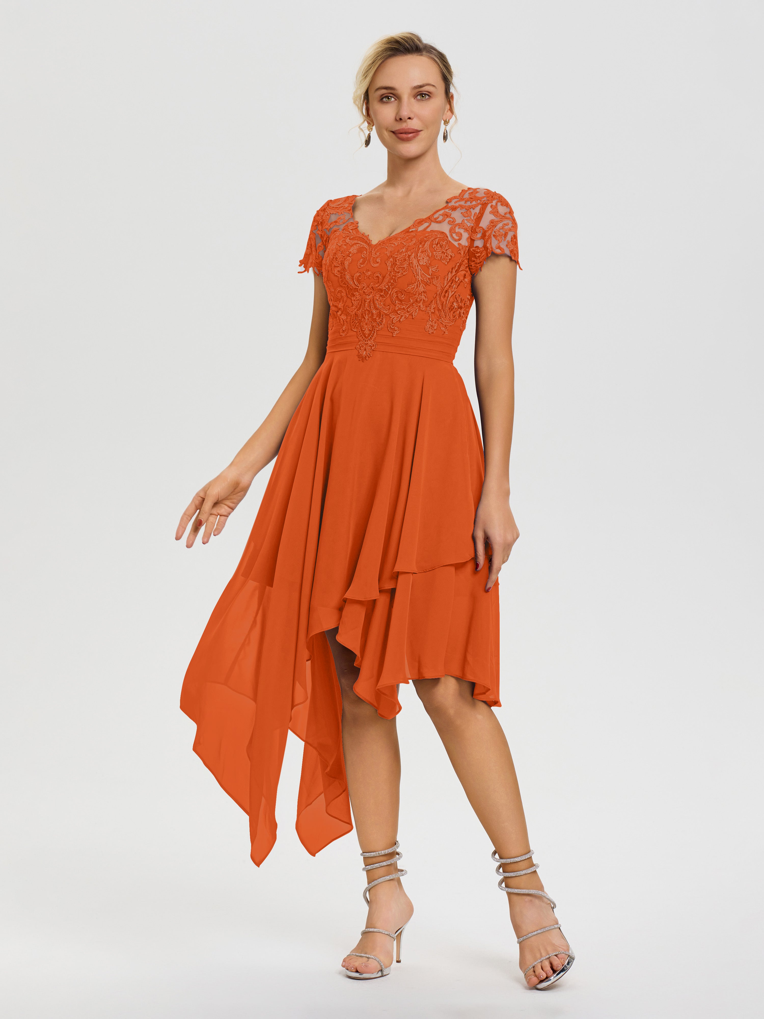 Robe De Mère De Mariée Orange Brûlé Col V Mousseline&Dentelle Asymétrique Robe Mère De La Mariée