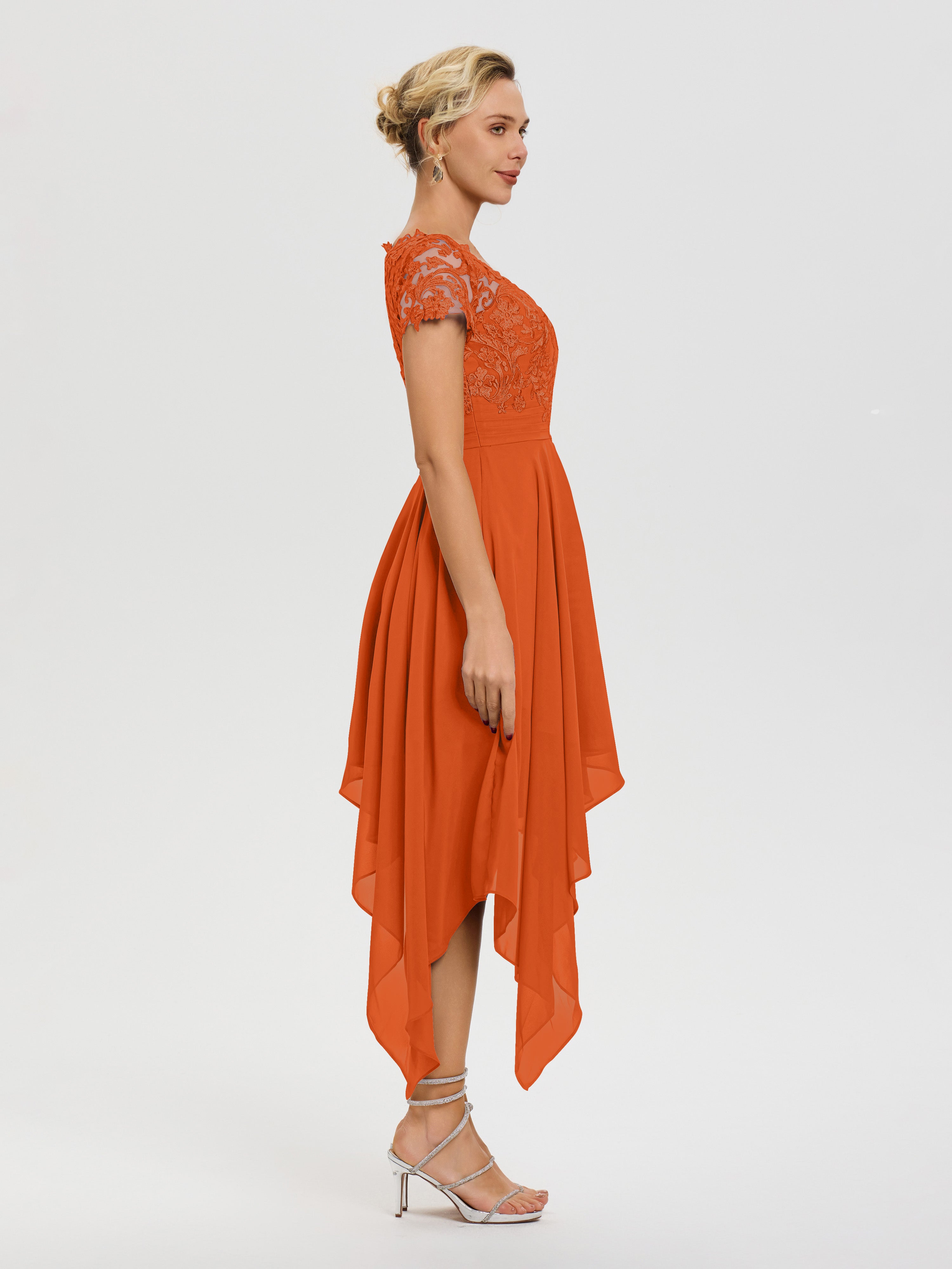 Robe De Mère De Mariée Orange Brûlé Col V Mousseline&Dentelle Asymétrique Robe Mère De La Mariée