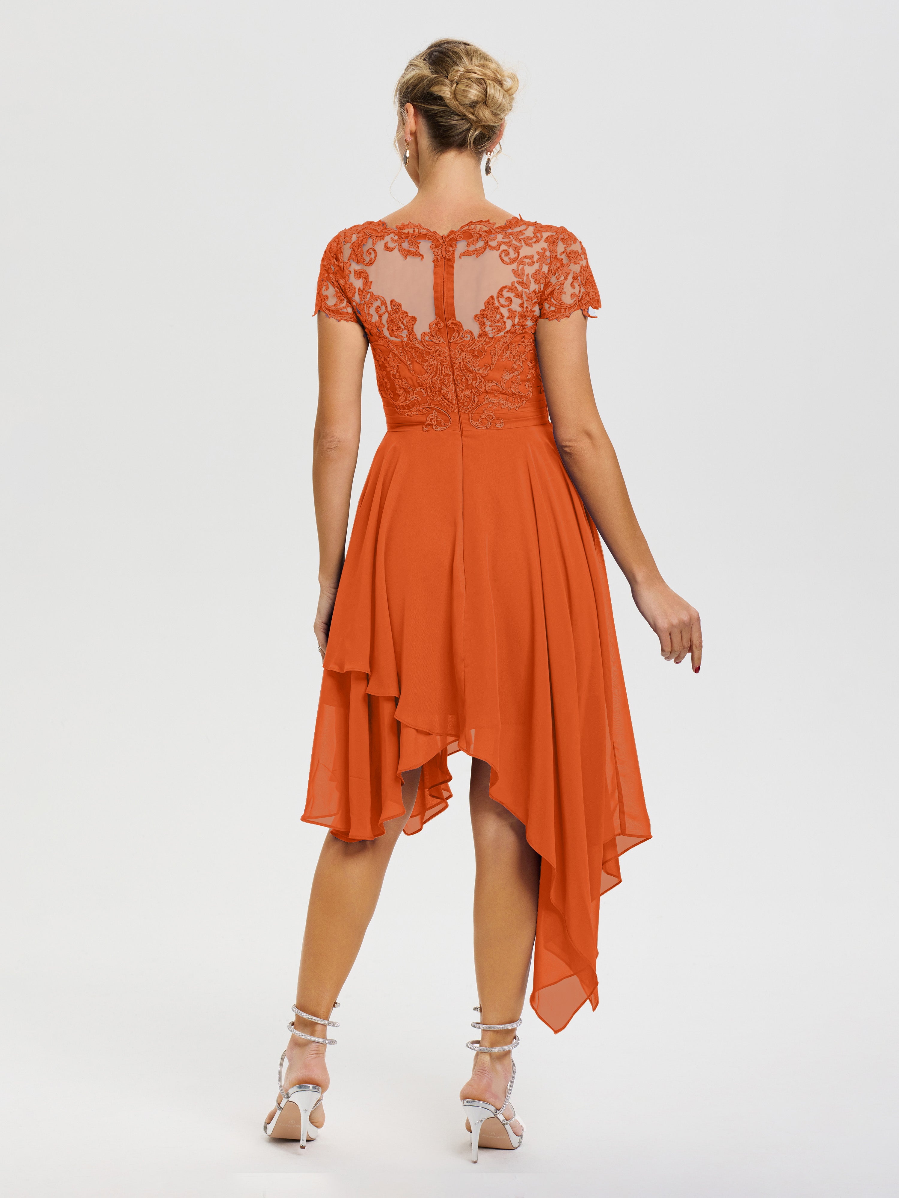 Robe De Mère De Mariée Orange Brûlé Col V Mousseline&Dentelle Asymétrique Robe Mère De La Mariée