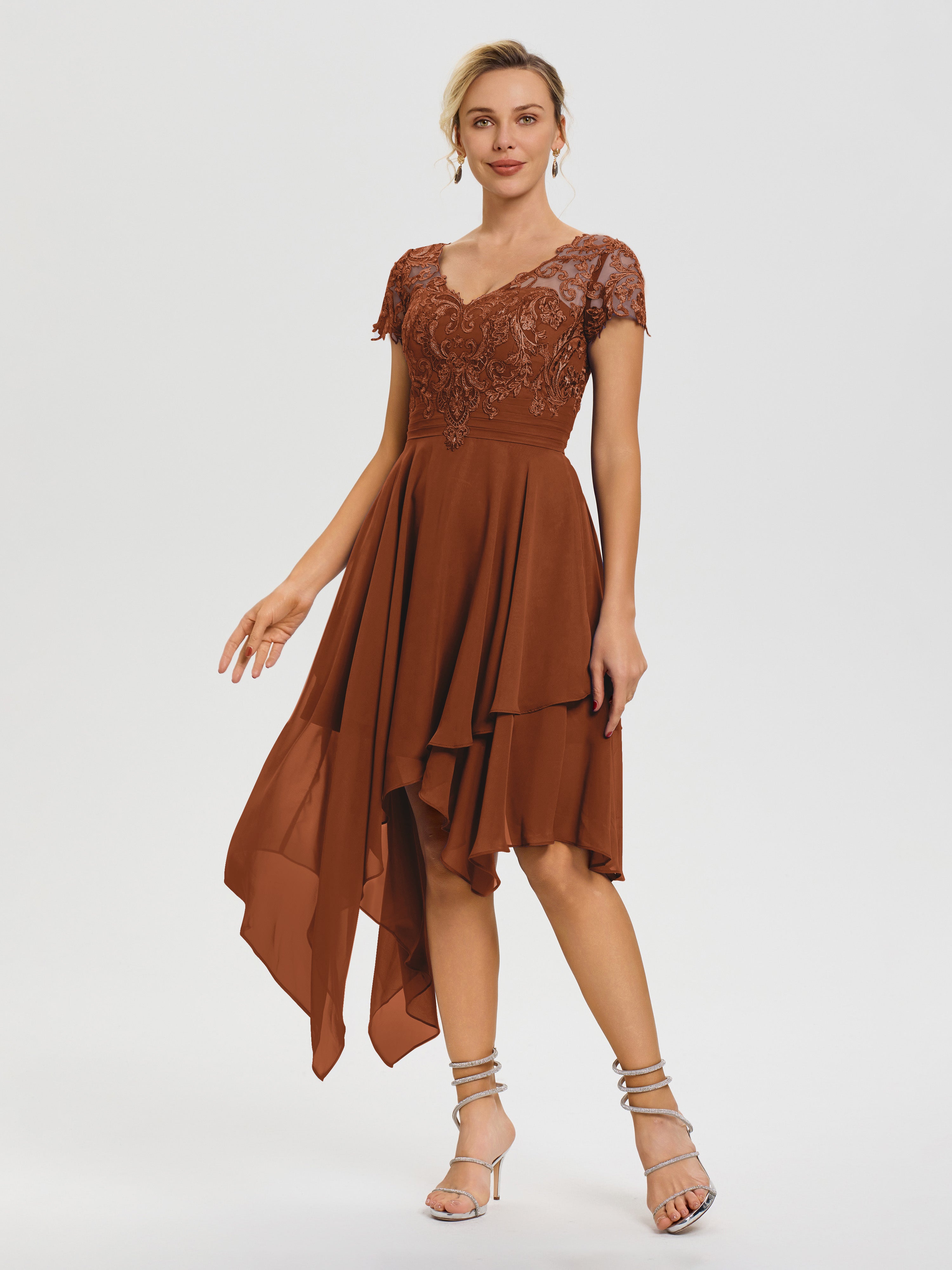 Robe Mere De La Mariee Terracotta Col V Mousseline&Dentelle Asymétrique Robe Mère De La Mariée