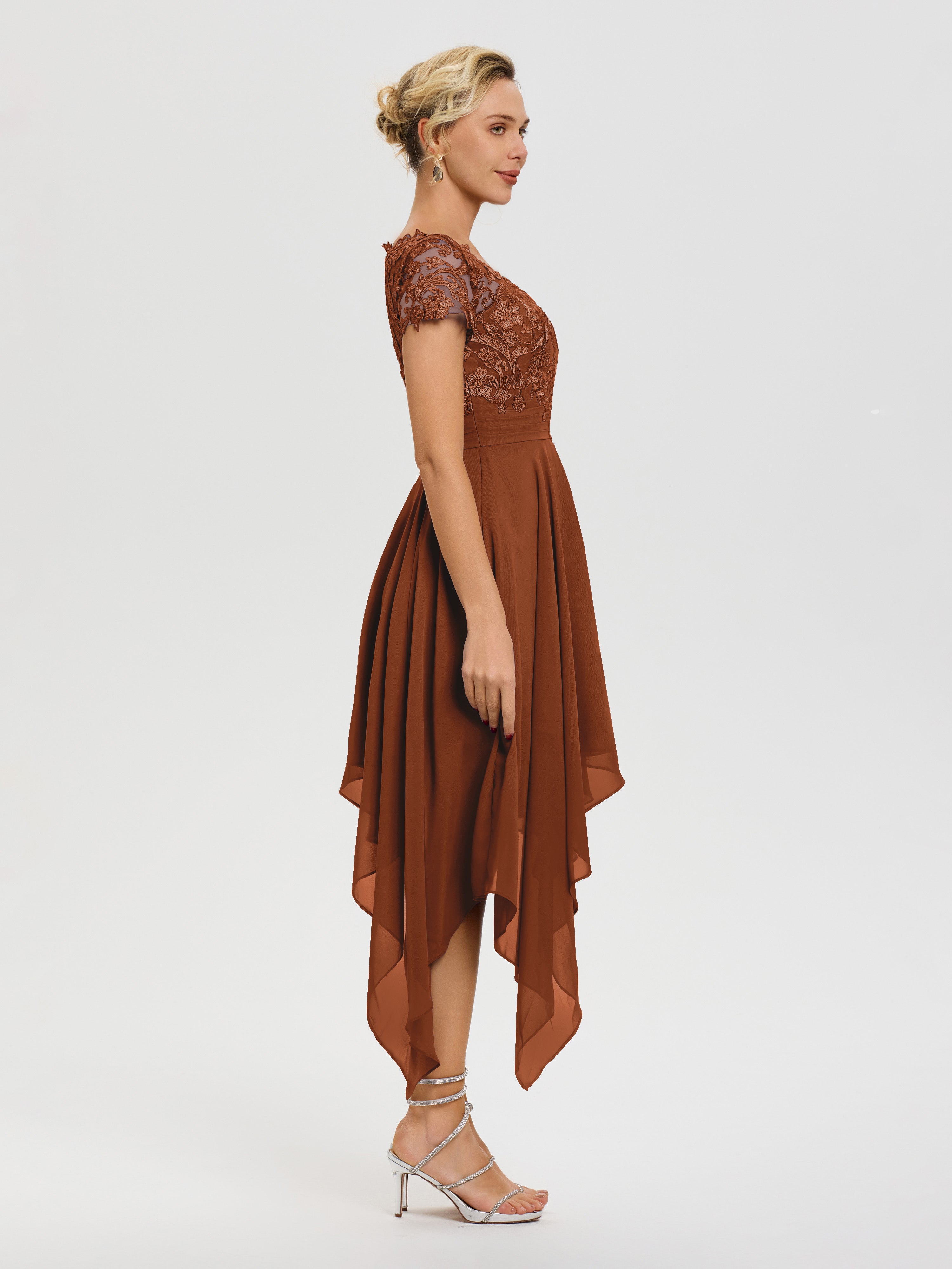 Robe Mere De La Mariee Terracotta Col V Mousseline&Dentelle Asymétrique Robe Mère De La Mariée