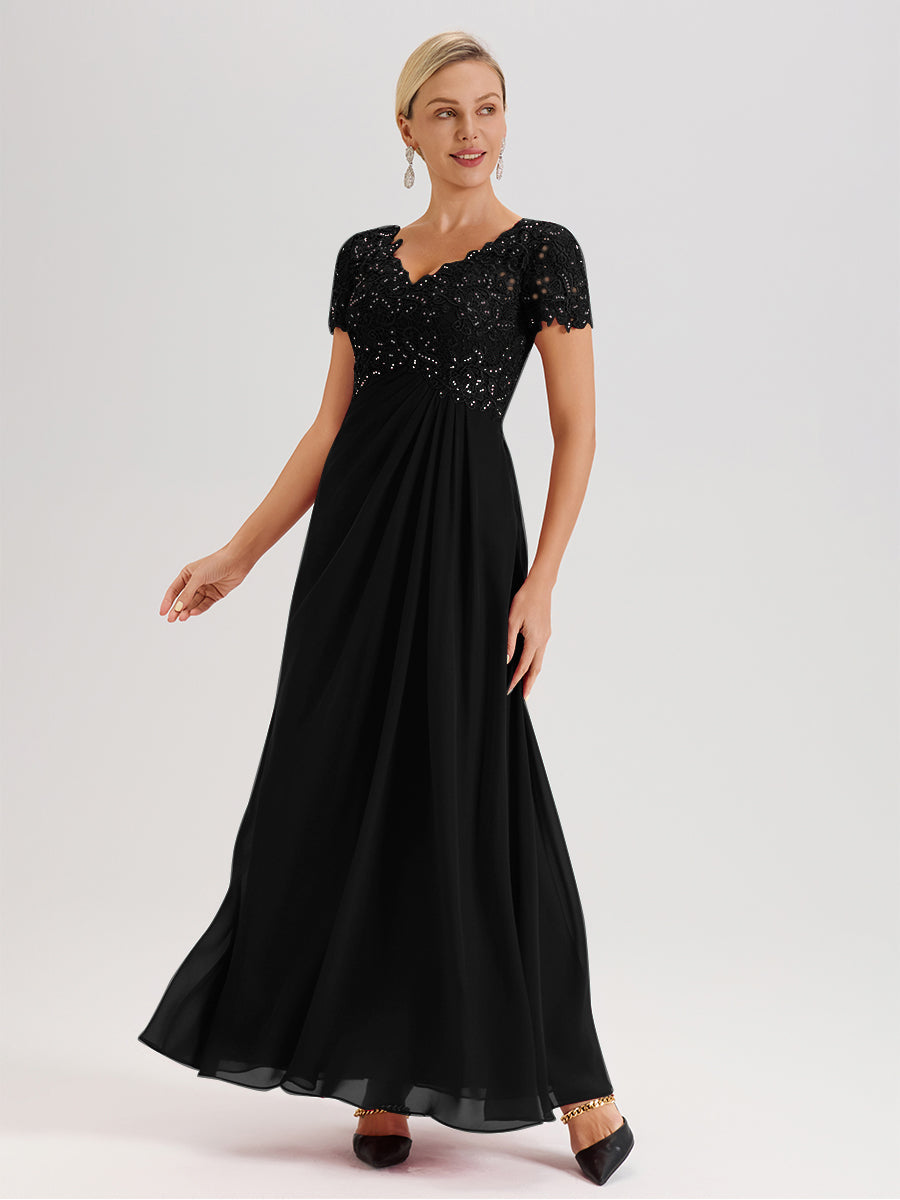 Cicinia Tenue Mère De La Mariée Très Chic Noir Dentelle Et Mousseline Avec Mancherons Col V Fluide Trapèze