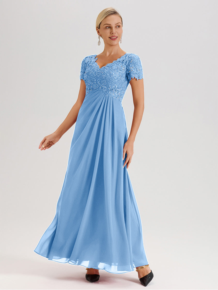 Cicinia Tenue Mère De La Mariée Très Chic Bleu Dentelle Et Mousseline Avec Mancherons Col V Fluide Trapèze