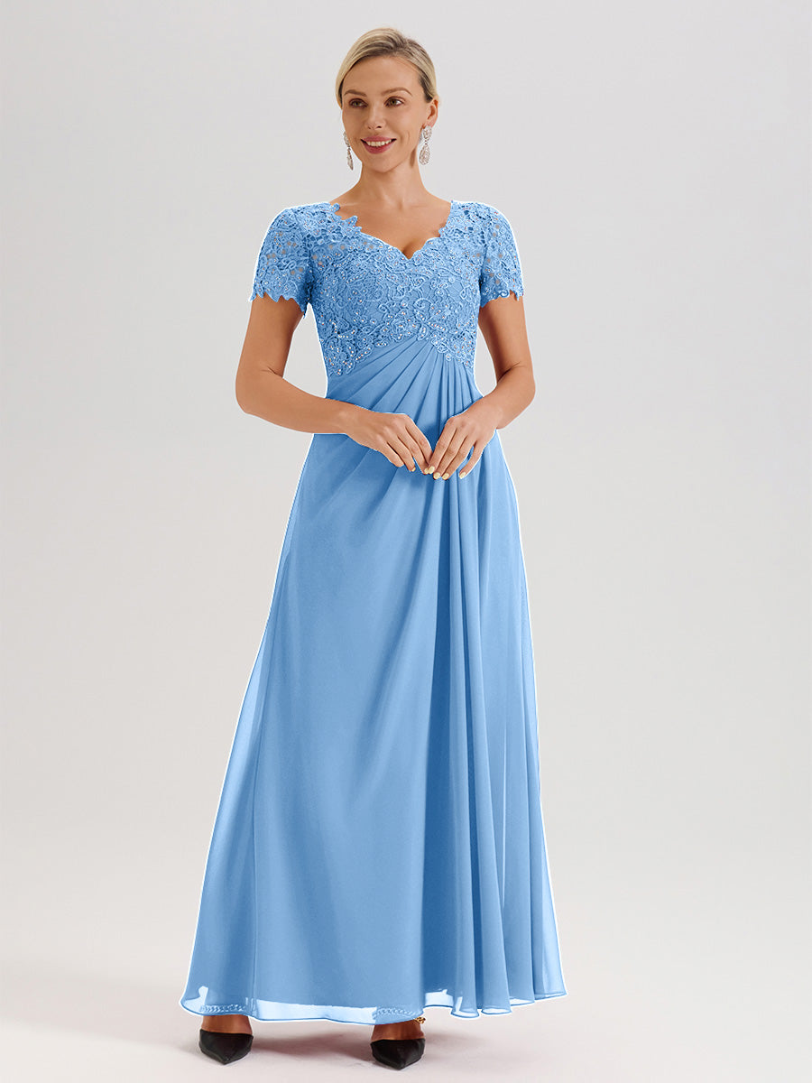 Cicinia Tenue Mère De La Mariée Très Chic Bleu Dentelle Et Mousseline Avec Mancherons Col V Fluide Trapèze