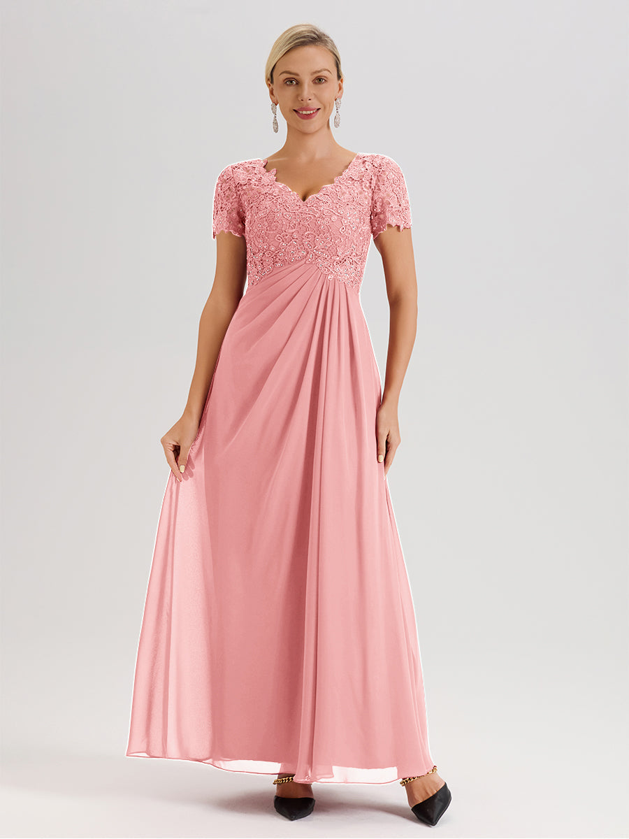 Cicinia Tenue Mère De La Mariée Très Chic Rose Dentelle Et Mousseline Avec Mancherons Col V Fluide Trapèze