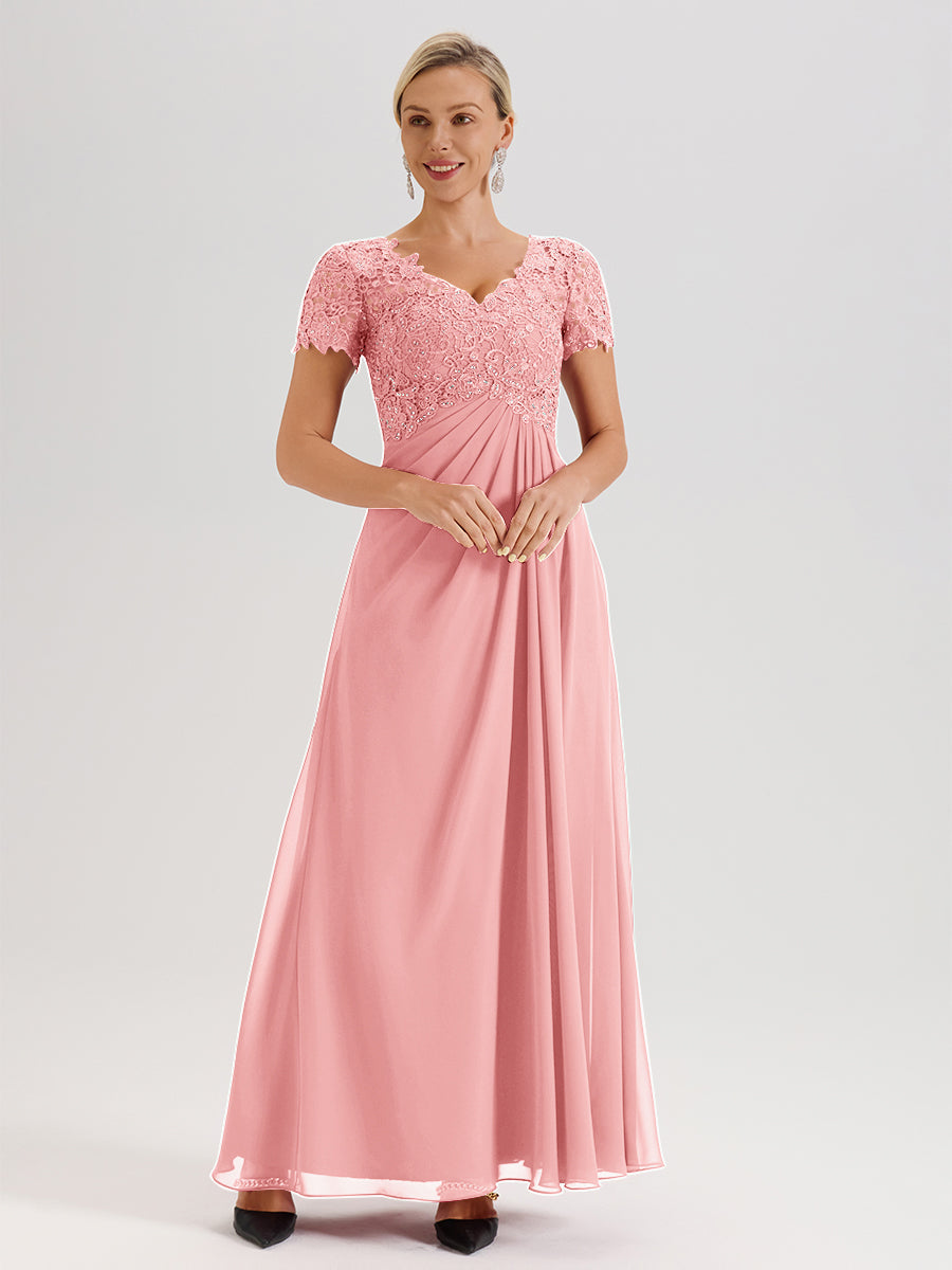 Cicinia Tenue Mère De La Mariée Très Chic Rose Dentelle Et Mousseline Avec Mancherons Col V Fluide Trapèze