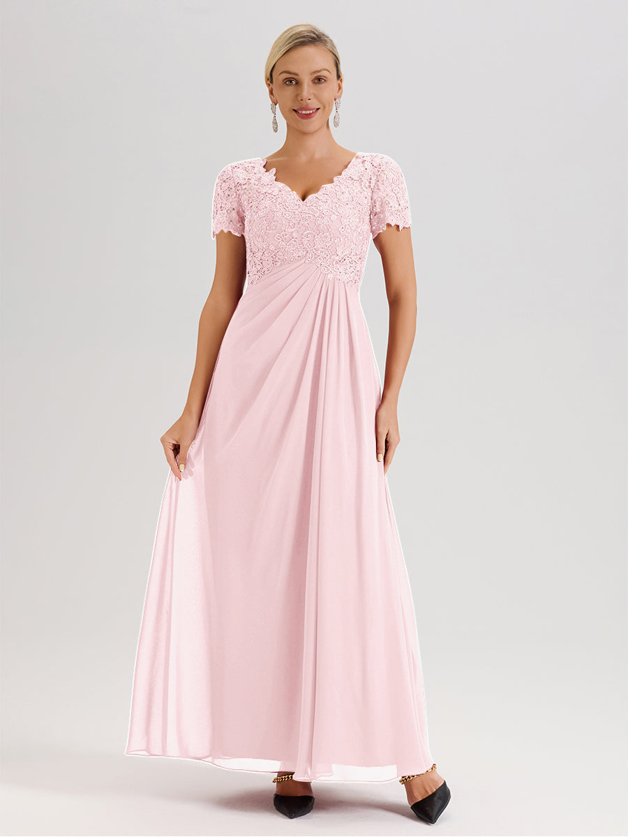 Cicinia Tenue Mère De La Mariée Très Chic Rose Pale Dentelle Et Mousseline Avec Mancherons Col V Fluide Trapèze