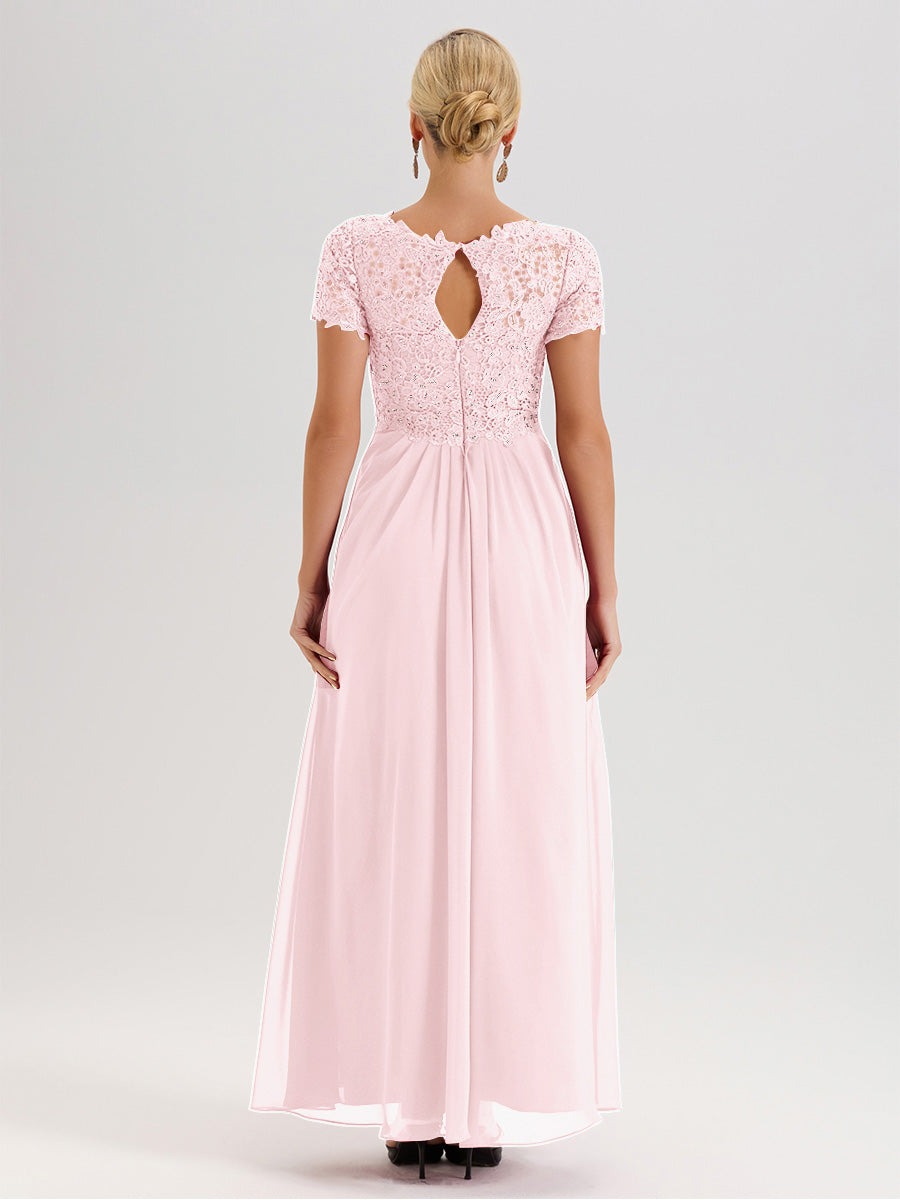Cicinia Tenue Mère De La Mariée Très Chic Rose Pale Dentelle Et Mousseline Avec Mancherons Col V Fluide Trapèze