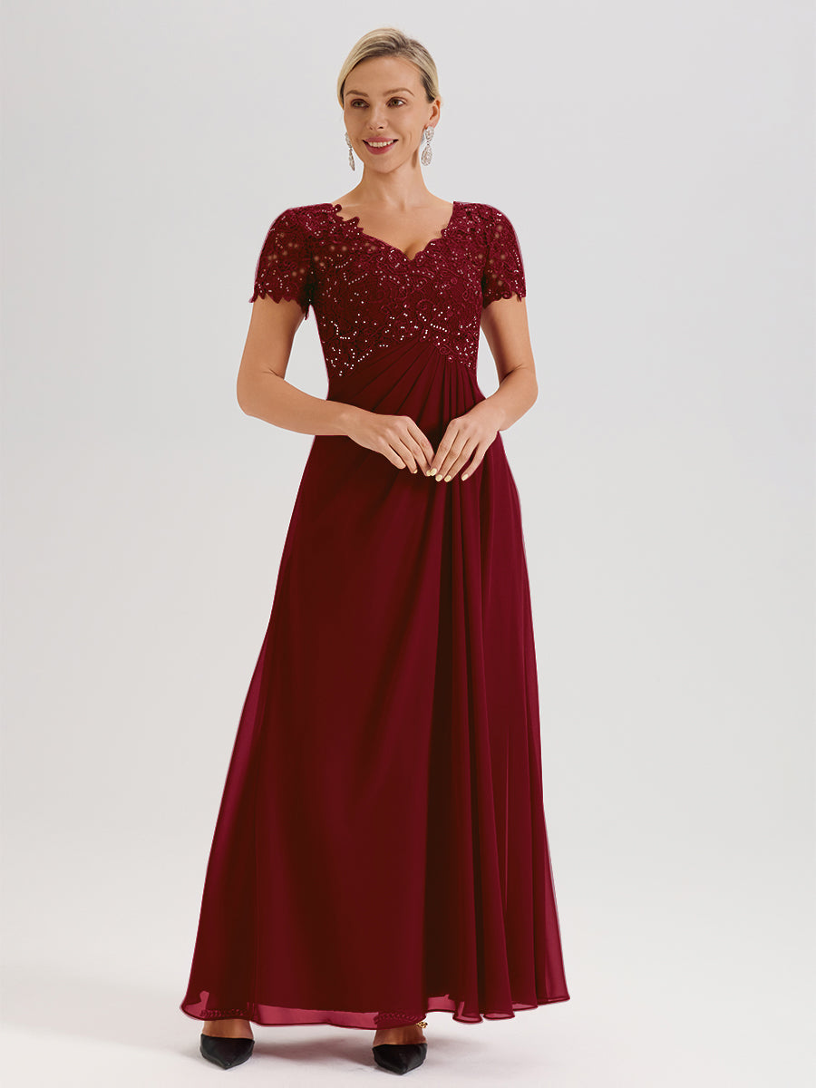 Cicinia Tenue Mère De La Mariée Très Chic Bordeaux Dentelle Et Mousseline Avec Mancherons Col V Fluide Trapèze