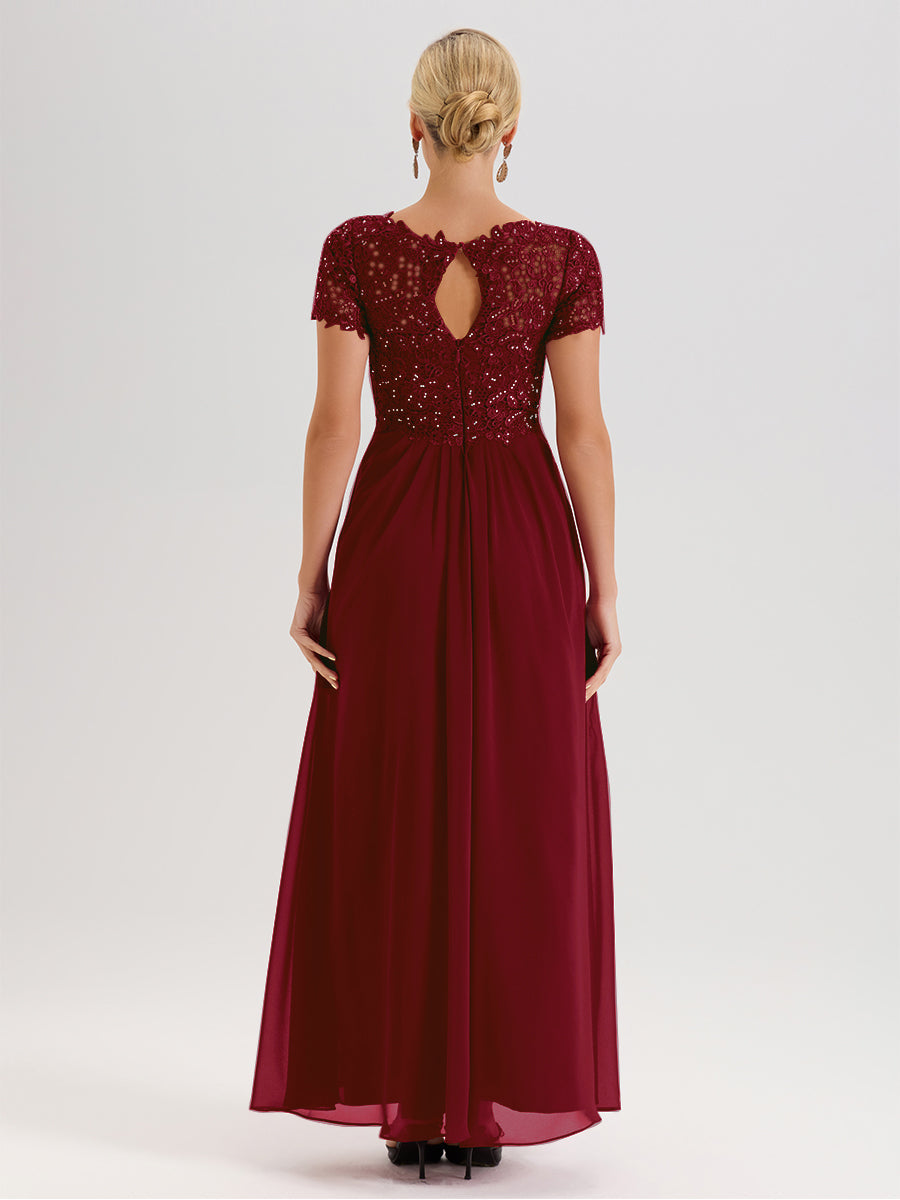 Cicinia Tenue Mère De La Mariée Très Chic Bordeaux Dentelle Et Mousseline Avec Mancherons Col V Fluide Trapèze
