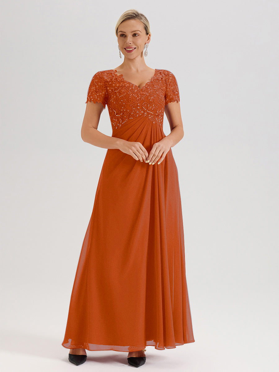 Cicinia Tenue Mère De La Mariée Très Chic Orange Brûlé Dentelle Et Mousseline Avec Mancherons Col V Fluide Trapèze