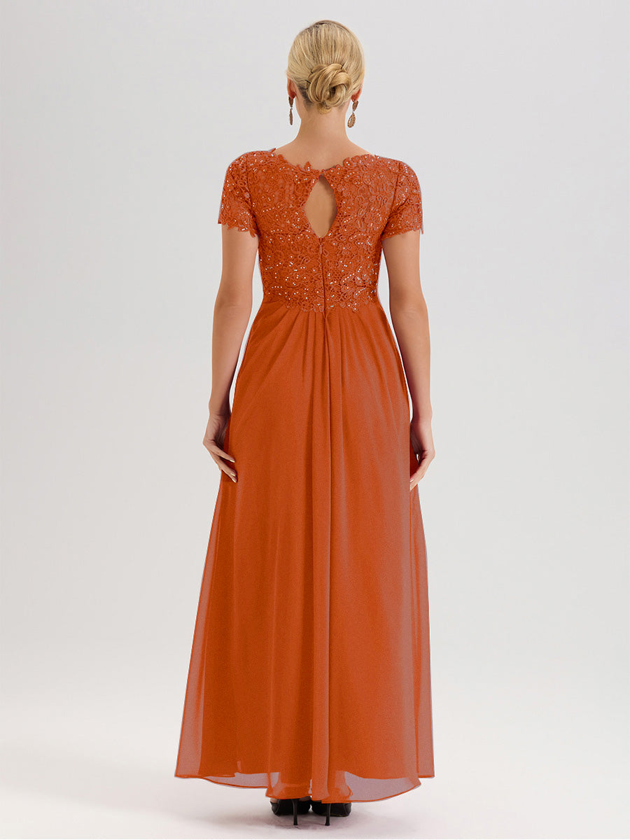 Cicinia Tenue Mère De La Mariée Très Chic Orange Brûlé Dentelle Et Mousseline Avec Mancherons Col V Fluide Trapèze