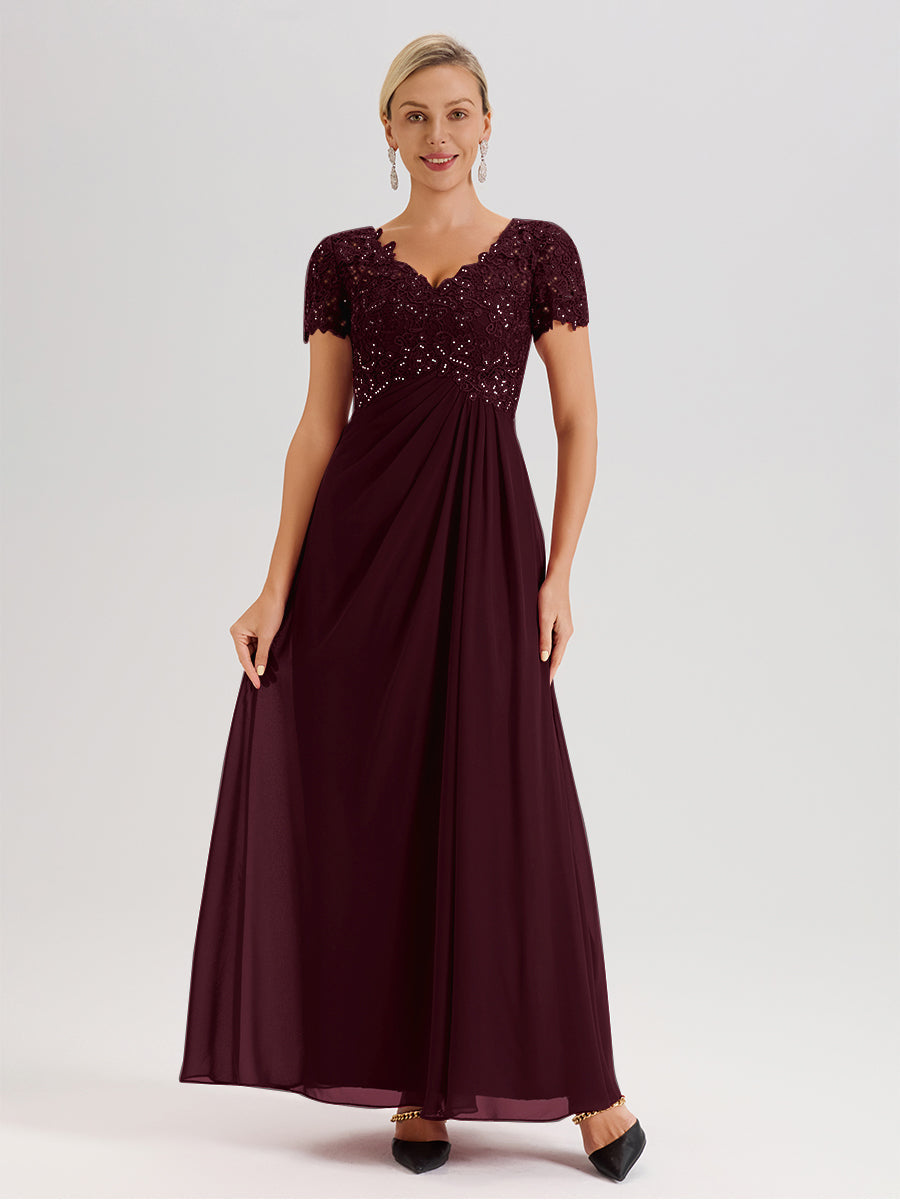 Cicinia Tenue Mère De La Mariée Très Chic Cabernet Dentelle Et Mousseline Avec Mancherons Col V Fluide Trapèze