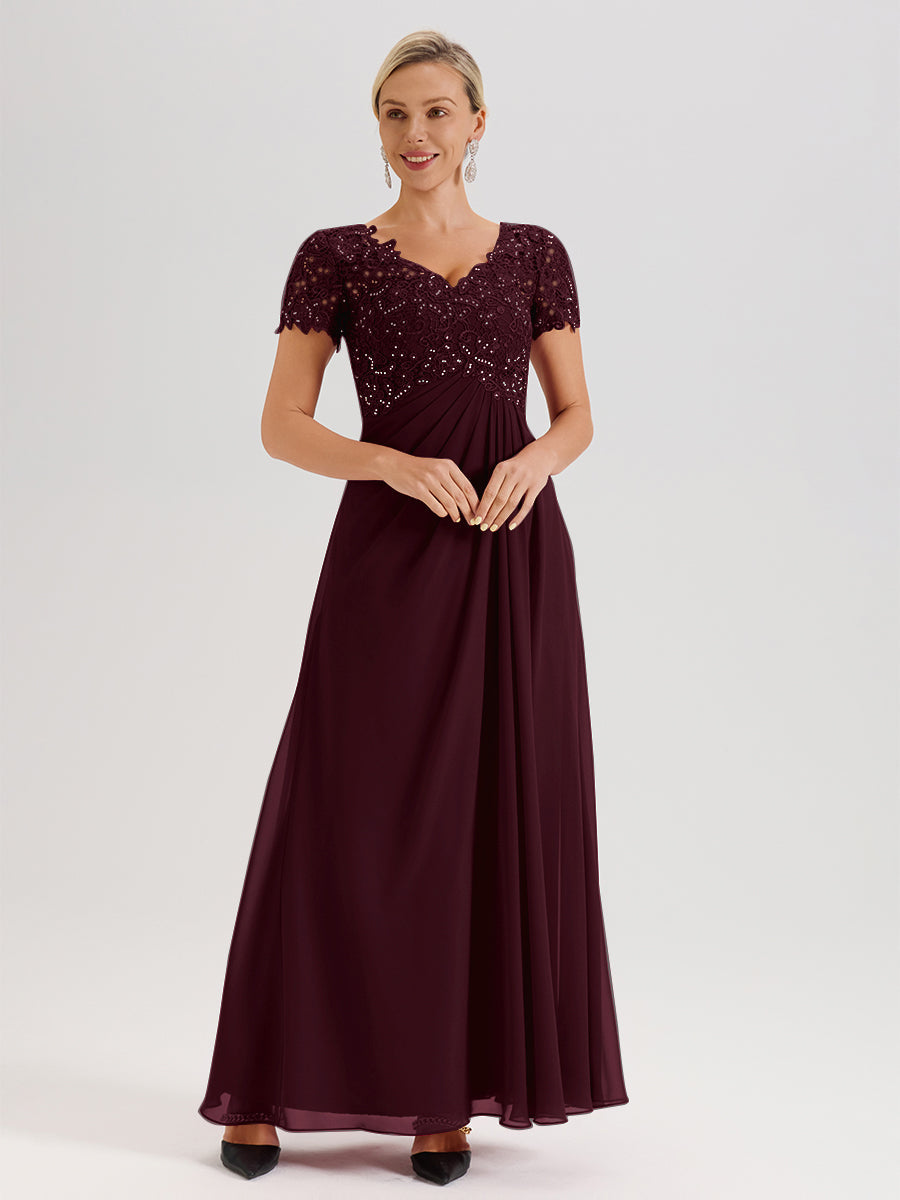 Cicinia Tenue Mère De La Mariée Très Chic Cabernet Dentelle Et Mousseline Avec Mancherons Col V Fluide Trapèze
