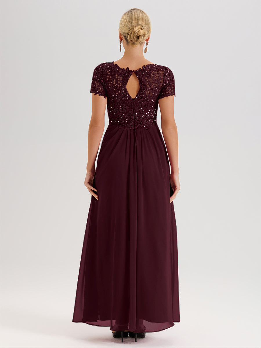 Cicinia Tenue Mère De La Mariée Très Chic Cabernet Dentelle Et Mousseline Avec Mancherons Col V Fluide Trapèze