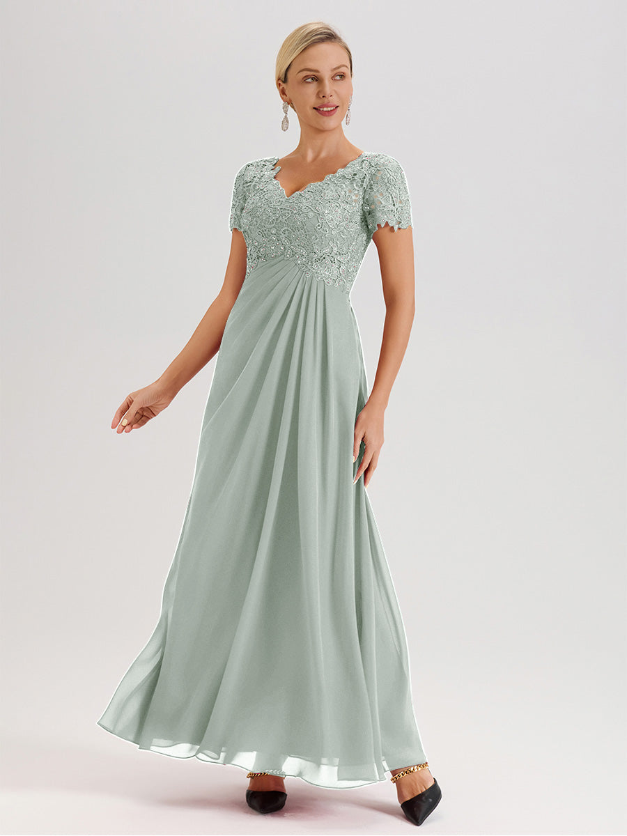 Cicinia Tenue Mère De La Mariée Très Chic Celadon Dentelle Et Mousseline Avec Mancherons Col V Fluide Trapèze