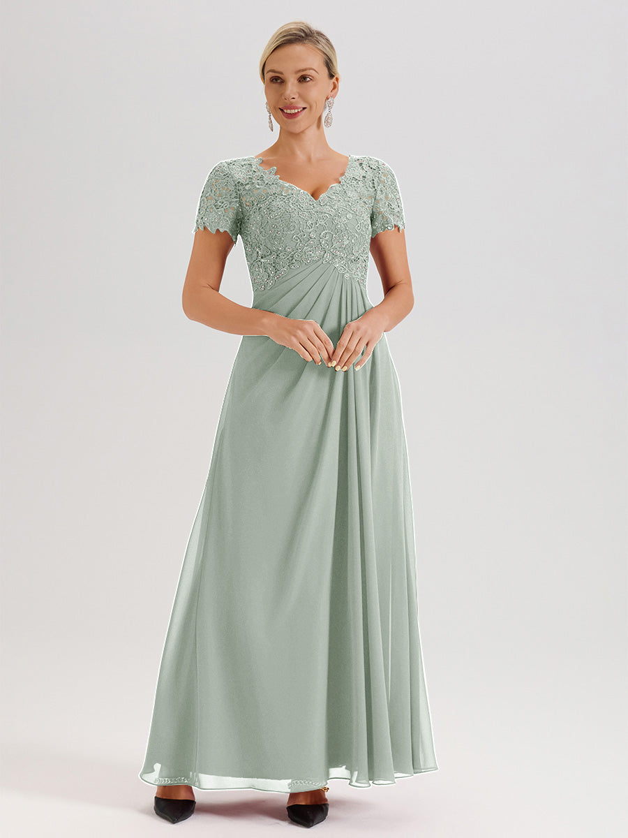 Cicinia Tenue Mère De La Mariée Très Chic Celadon Dentelle Et Mousseline Avec Mancherons Col V Fluide Trapèze