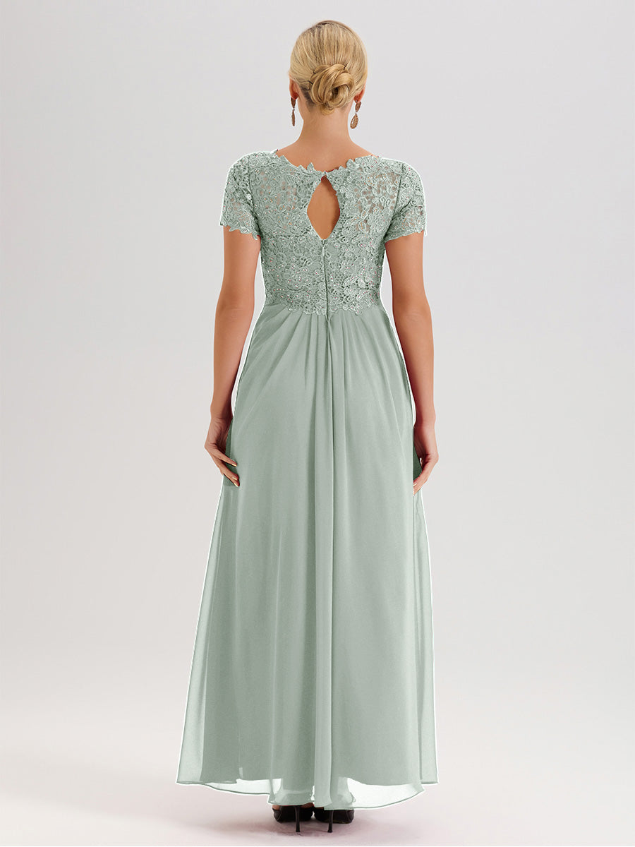 Cicinia Tenue Mère De La Mariée Très Chic Celadon Dentelle Et Mousseline Avec Mancherons Col V Fluide Trapèze