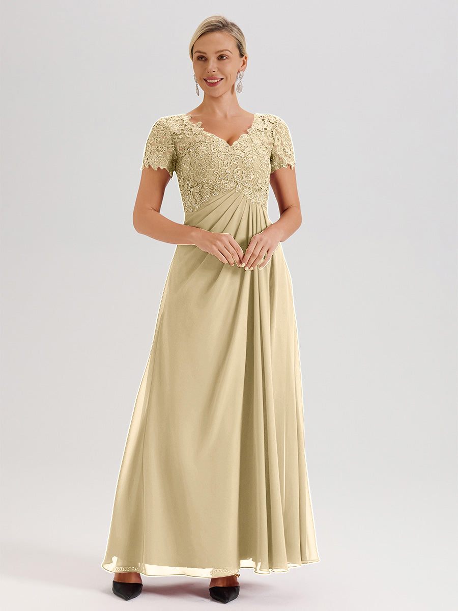 Cicinia Tenue Mère De La Mariée Très Chic Couleur Champagne Dentelle Et Mousseline Avec Mancherons Col V Fluide Trapèze