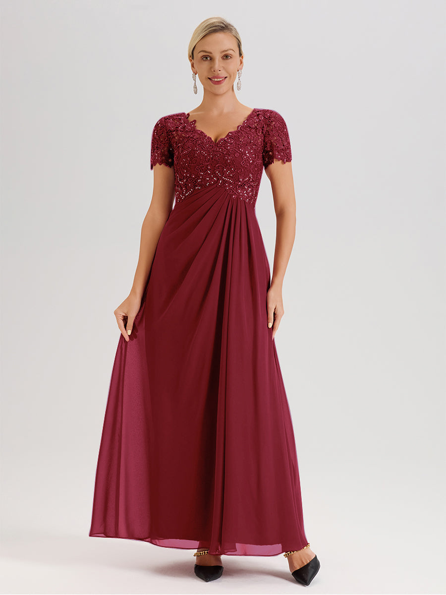 Cicinia Tenue Mère De La Mariée Très Chic Couleur Rose Cannelle Dentelle Et Mousseline Avec Mancherons Col V Fluide Trapèze
