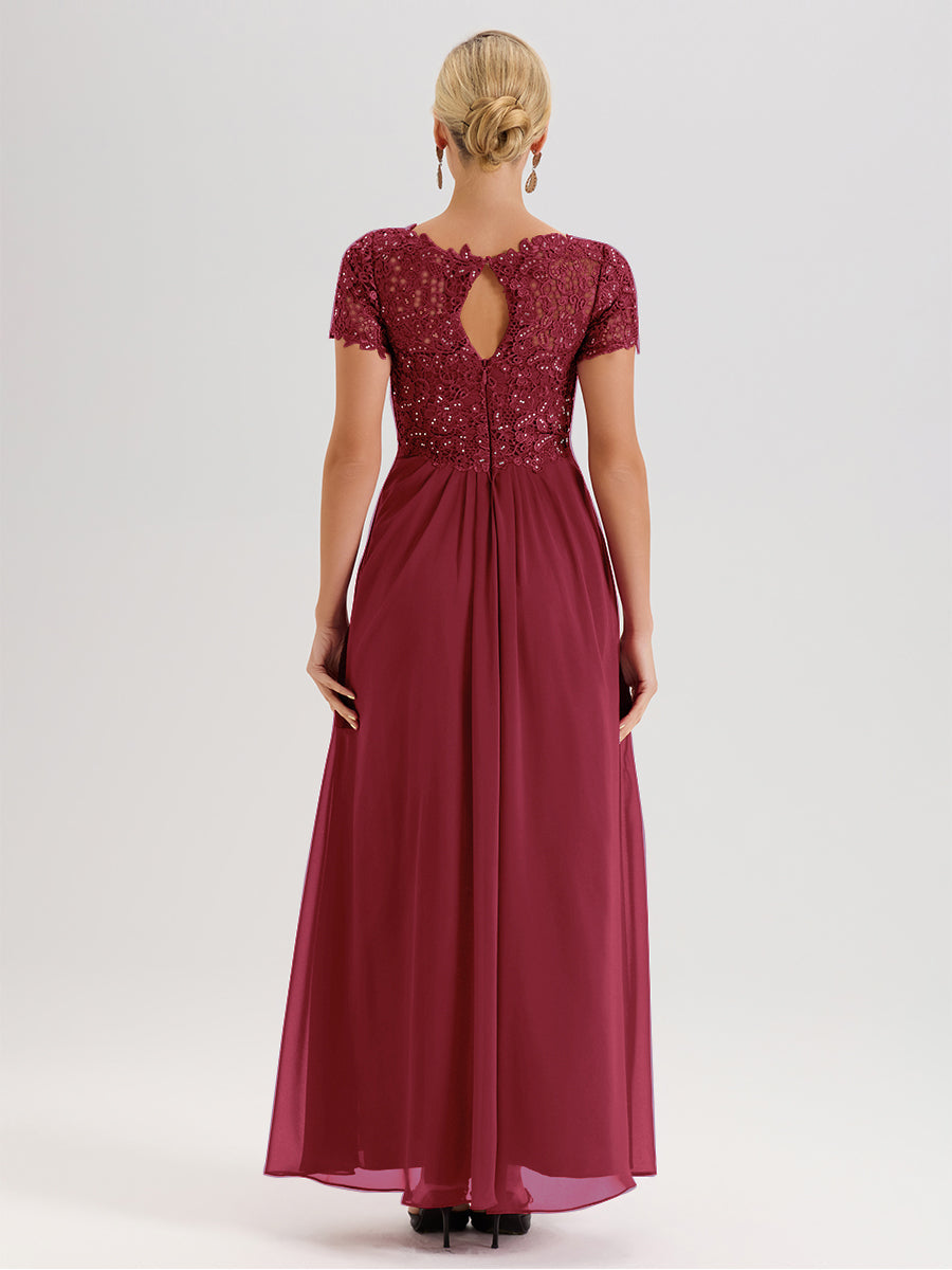 Cicinia Tenue Mère De La Mariée Très Chic Couleur Rose Cannelle Dentelle Et Mousseline Avec Mancherons Col V Fluide Trapèze