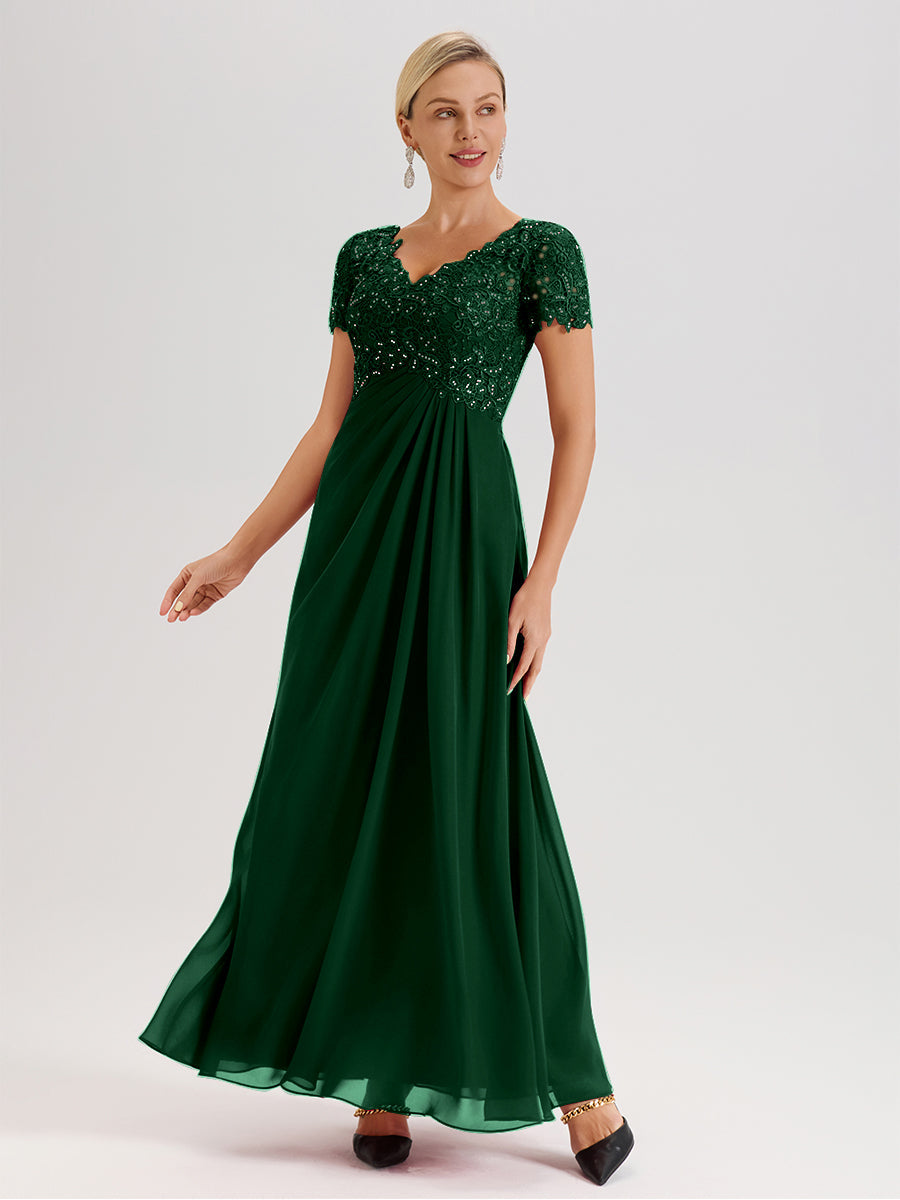 Cicinia Tenue Mère De La Mariée Très Chic Vert Foncé Dentelle Et Mousseline Avec Mancherons Col V Fluide Trapèze