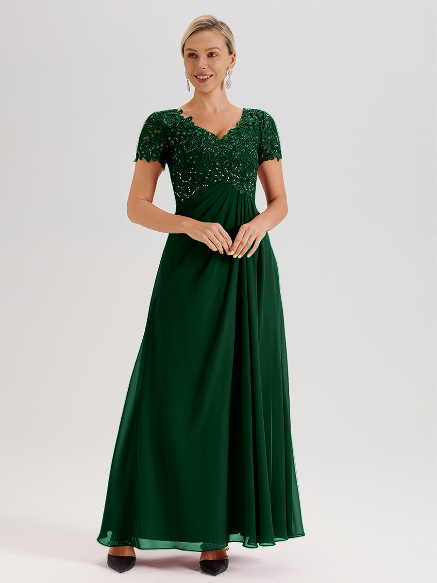 Cicinia Tenue Mère De La Mariée Très Chic Vert Foncé Dentelle Et Mousseline Avec Mancherons Col V Fluide Trapèze