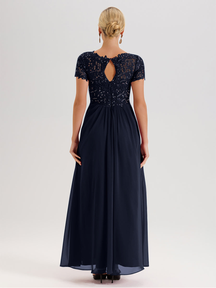 Cicinia Tenue Mère De La Mariée Très Chic Bleu Marine Dentelle Et Mousseline Avec Mancherons Col V Fluide Trapèze