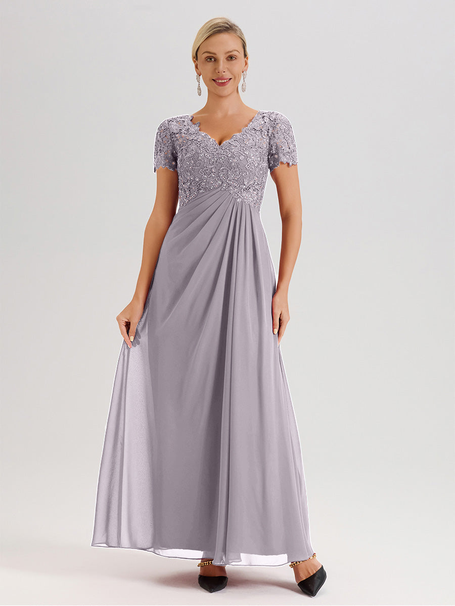 Cicinia Tenue Mère De La Mariée Très Chic Couleur Crépuscule Dentelle Et Mousseline Avec Mancherons Col V Fluide Trapèze