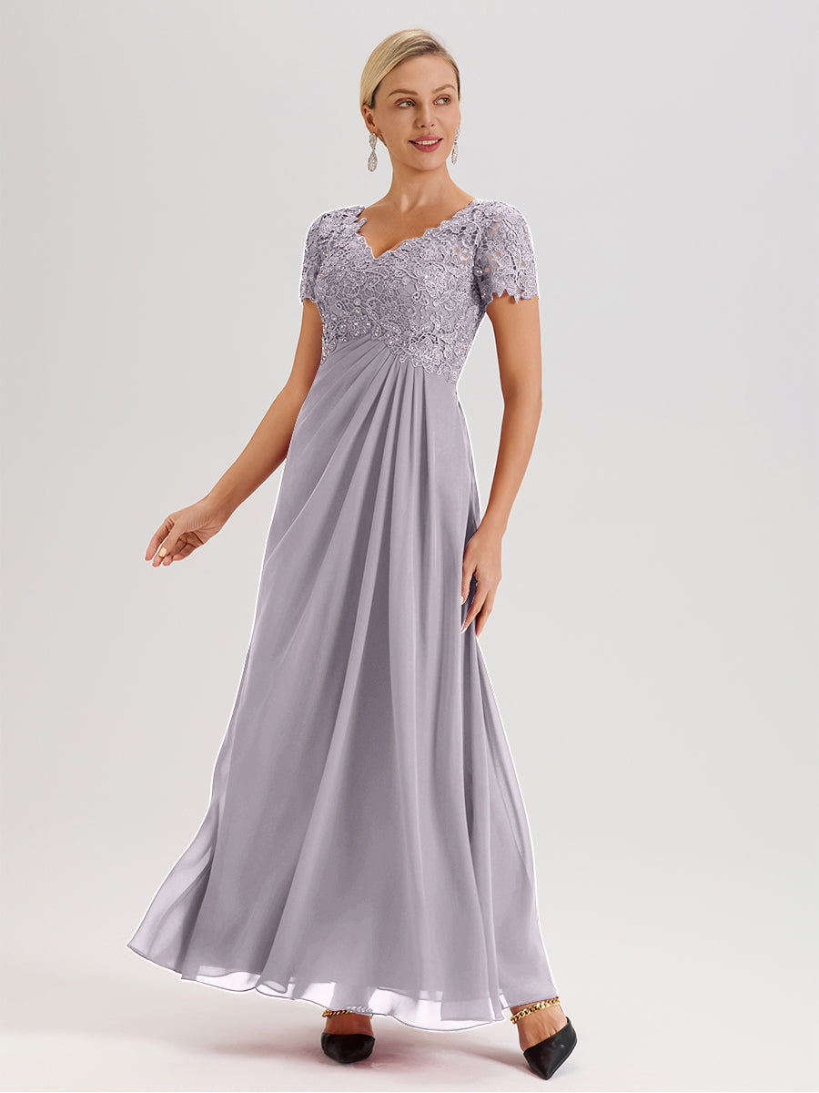 Cicinia Tenue Mère De La Mariée Très Chic Couleur Crépuscule Dentelle Et Mousseline Avec Mancherons Col V Fluide Trapèze
