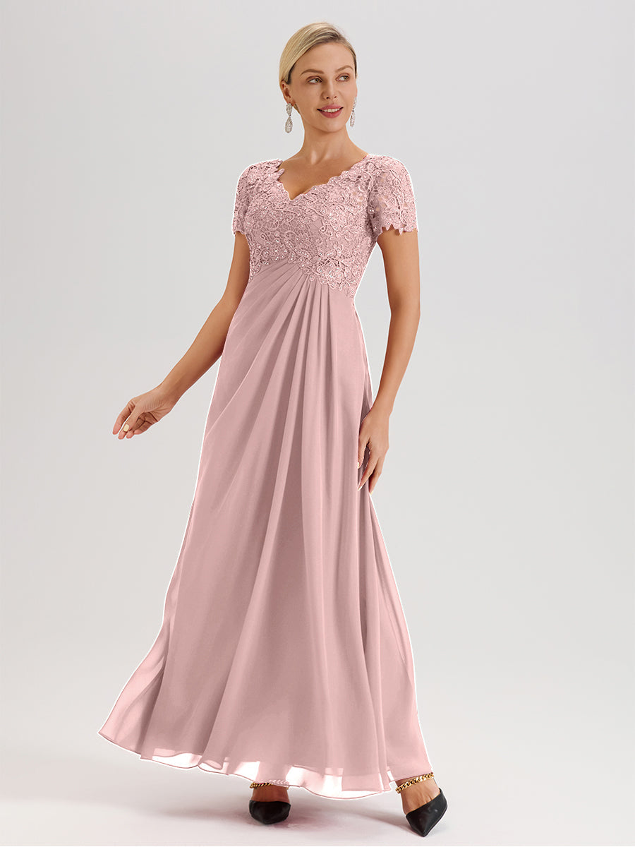 Cicinia Tenue Mère De La Mariée Très Chic Rose Poussiéreux Dentelle Et Mousseline Avec Mancherons Col V Fluide Trapèze
