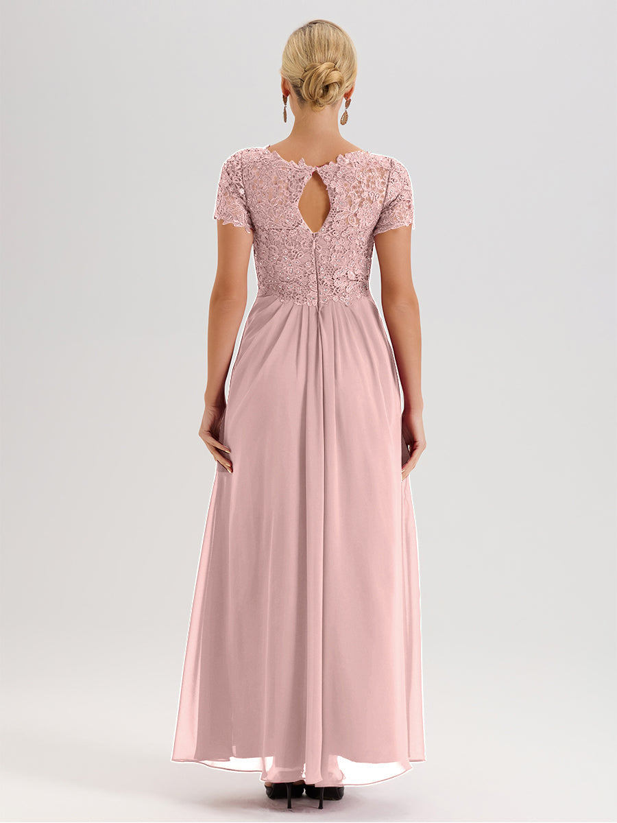 Cicinia Tenue Mère De La Mariée Très Chic Rose Poussiéreux Dentelle Et Mousseline Avec Mancherons Col V Fluide Trapèze