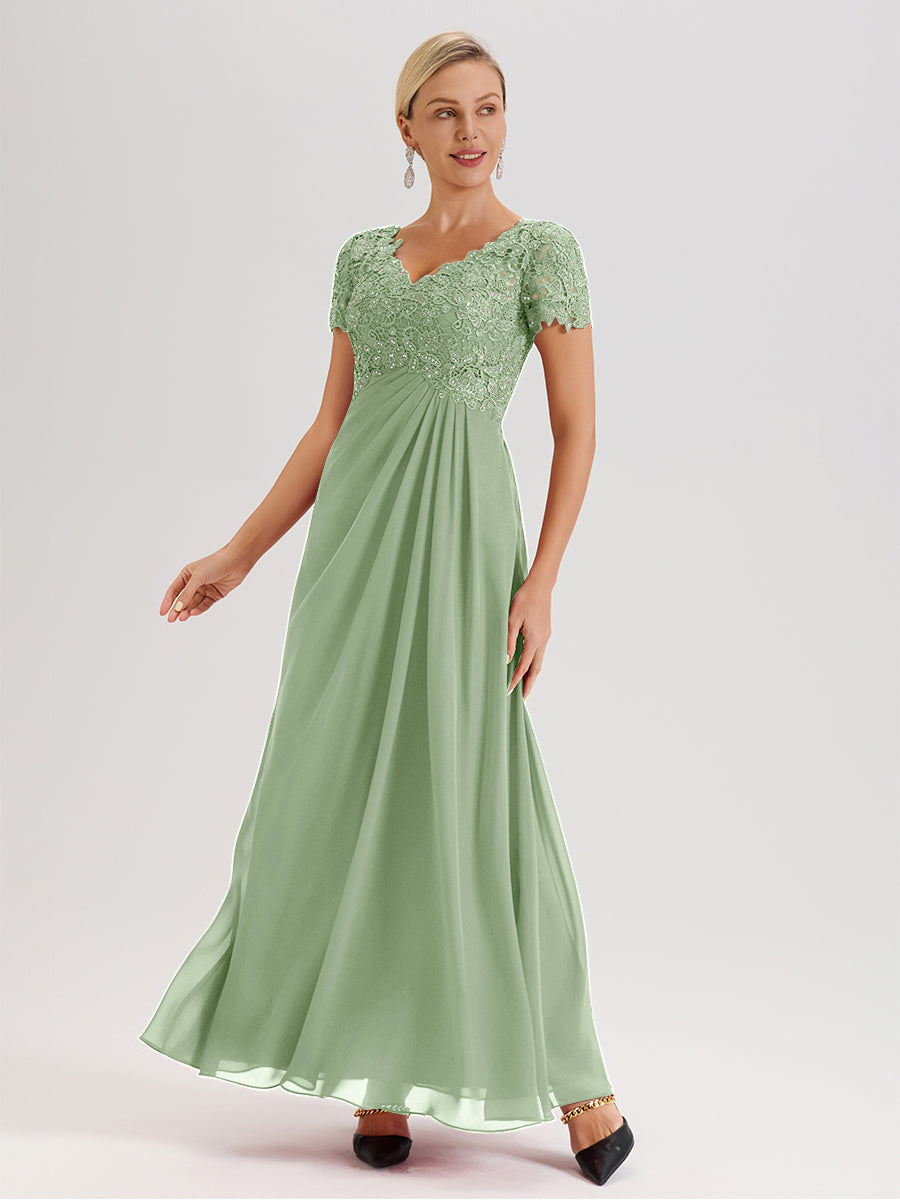 Cicinia Tenue Mère De La Mariée Très Chic Vert Sauge Poussiéreux Dentelle Et Mousseline Avec Mancherons Col V Fluide Trapèze