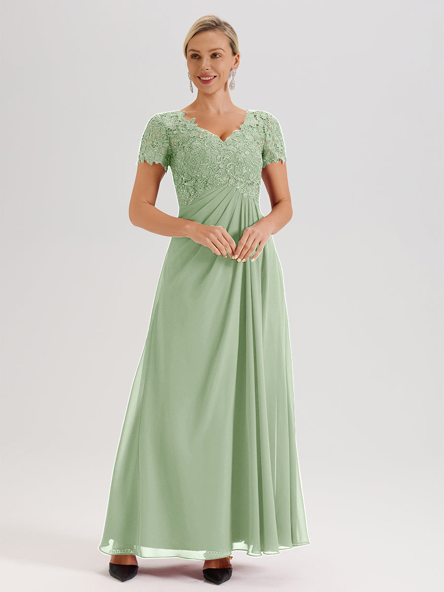 Cicinia Tenue Mère De La Mariée Très Chic Vert Sauge Poussiéreux Dentelle Et Mousseline Avec Mancherons Col V Fluide Trapèze