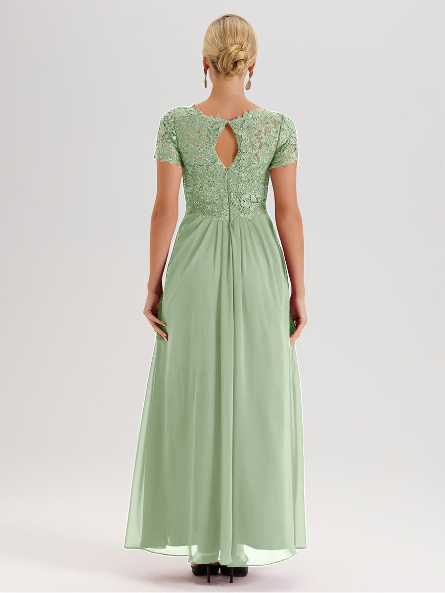 Cicinia Tenue Mère De La Mariée Très Chic Vert Sauge Poussiéreux Dentelle Et Mousseline Avec Mancherons Col V Fluide Trapèze