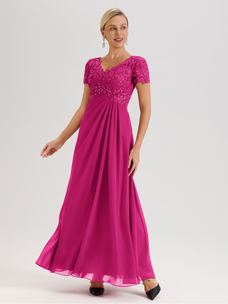 Cicinia Tenue Mère De La Mariée Très Chic Rose Fuchsia Dentelle Et Mousseline Avec Mancherons Col V Fluide Trapèze