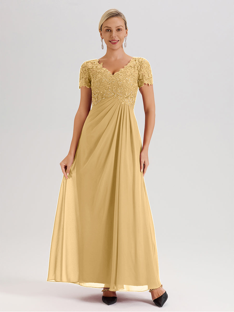Cicinia Tenue Mère De La Mariée Très Chic En Or Dentelle Et Mousseline Avec Mancherons Col V Fluide Trapèze