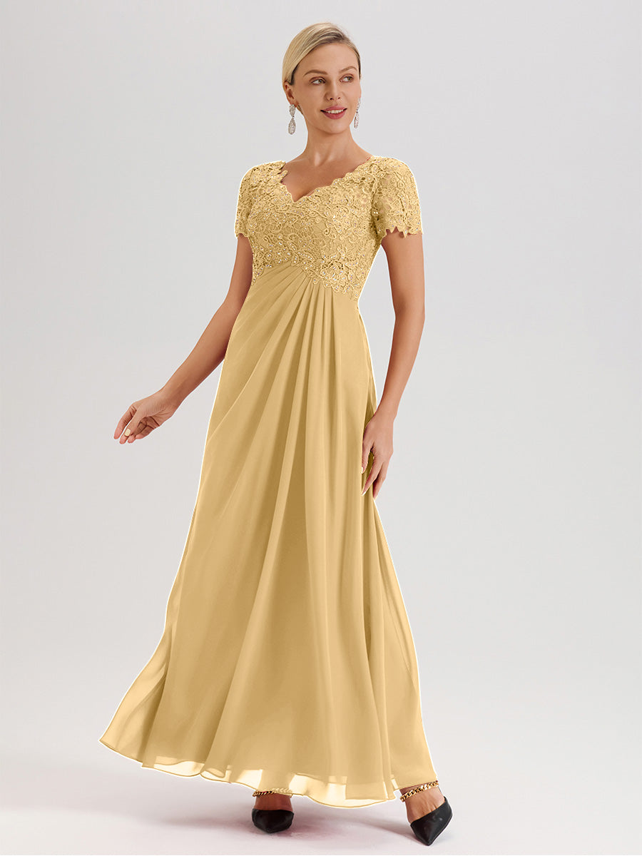 Cicinia Tenue Mère De La Mariée Très Chic En Or Dentelle Et Mousseline Avec Mancherons Col V Fluide Trapèze