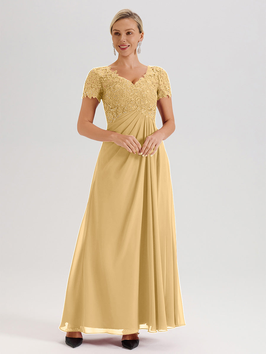 Cicinia Tenue Mère De La Mariée Très Chic En Or Dentelle Et Mousseline Avec Mancherons Col V Fluide Trapèze