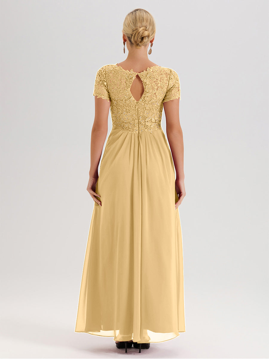 Cicinia Tenue Mère De La Mariée Très Chic En Or Dentelle Et Mousseline Avec Mancherons Col V Fluide Trapèze