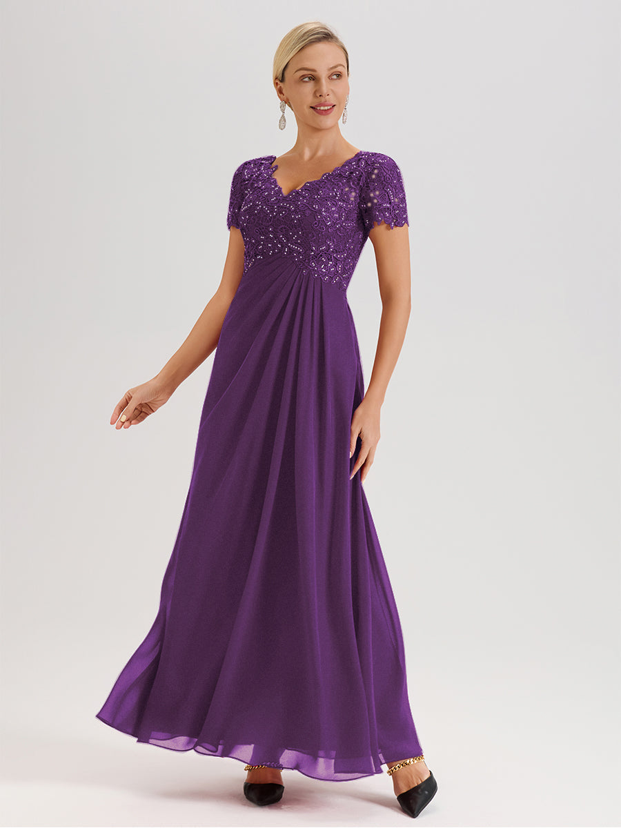 Cicinia Tenue Mère De La Mariée Très Chic En Raisin Dentelle Et Mousseline Avec Mancherons Col V Fluide Trapèze