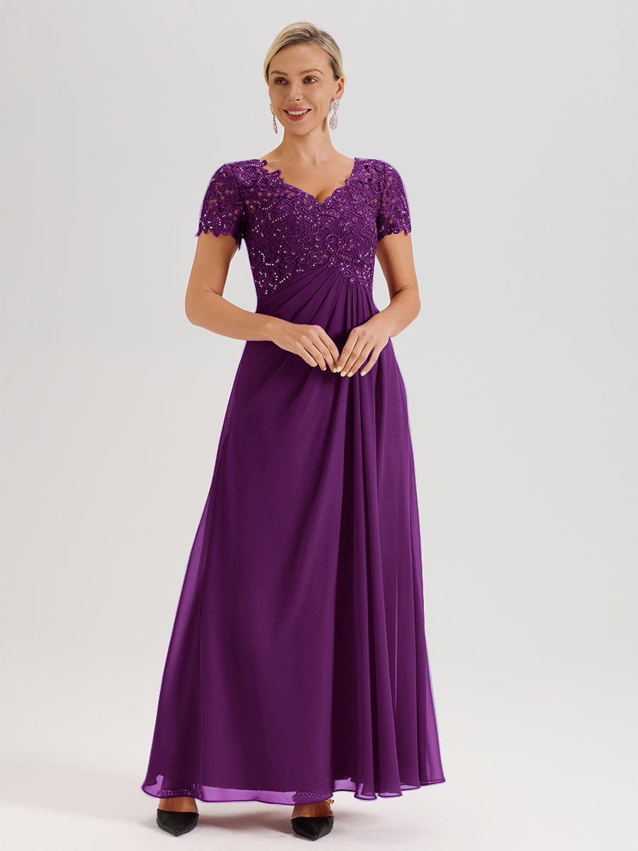 Cicinia Tenue Mère De La Mariée Très Chic En Raisin Dentelle Et Mousseline Avec Mancherons Col V Fluide Trapèze