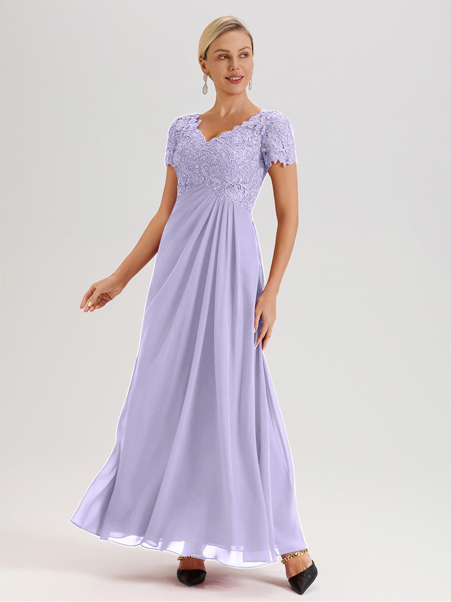 Cicinia Tenue Mère De La Mariée Très Chic Lilas Dentelle Et Mousseline Avec Mancherons Col V Fluide Trapèze